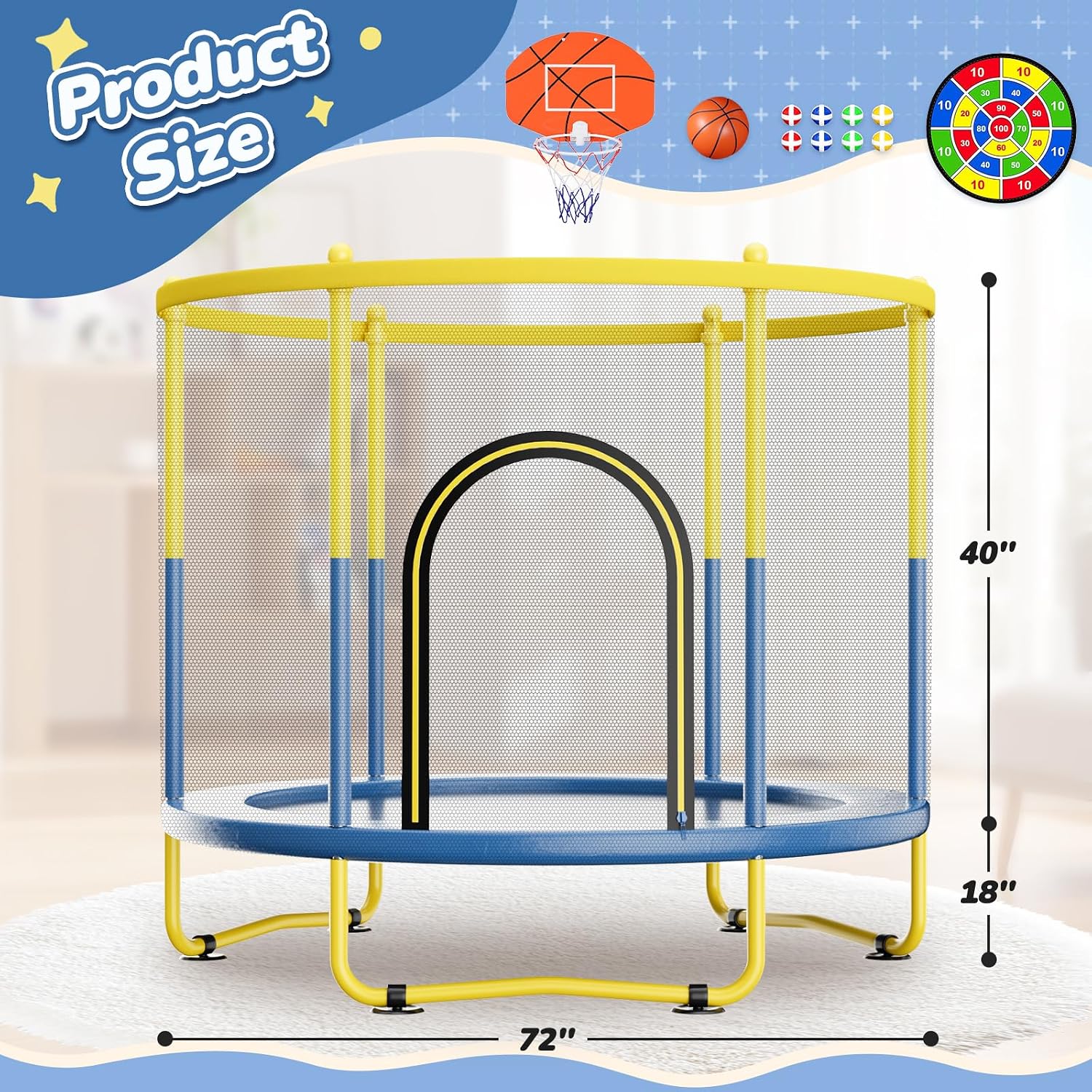 6FT Indoor Trampoline for Kids Ages 1-8, 72' Mini Toddler Indoor & Outdoor Trampoline with Safety Enclosure Net, Basketball Hoop & Dart Board, Birthday Gifts for Boys & Girls, Baby Toddler