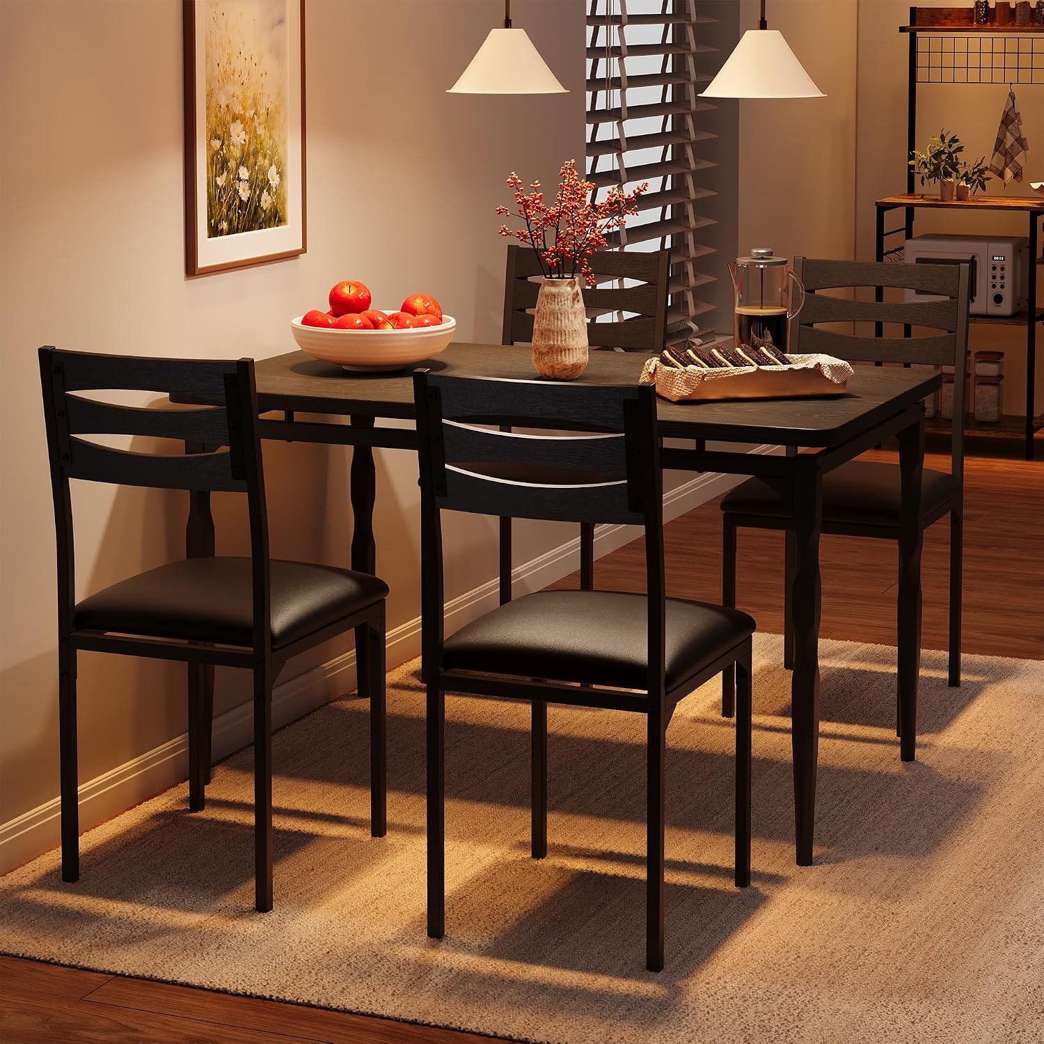 GarveeHome 5 Piece Dining Table Set, Industrial Style Dining Table and Chairs Set for 4, Kitchen Table Set for Dining Room Kitchen Apartment, Black