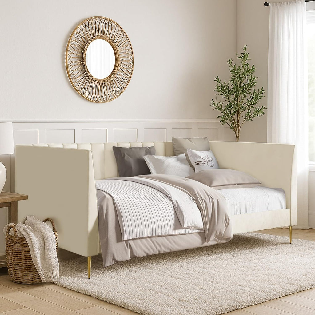 HOME DESIGN Dayton Twin Upholstered Daybed with Tuxedo Arms, Vertical Channel Tufting, Plush Velvet Cushions, and Gold Metal Legs, Beige