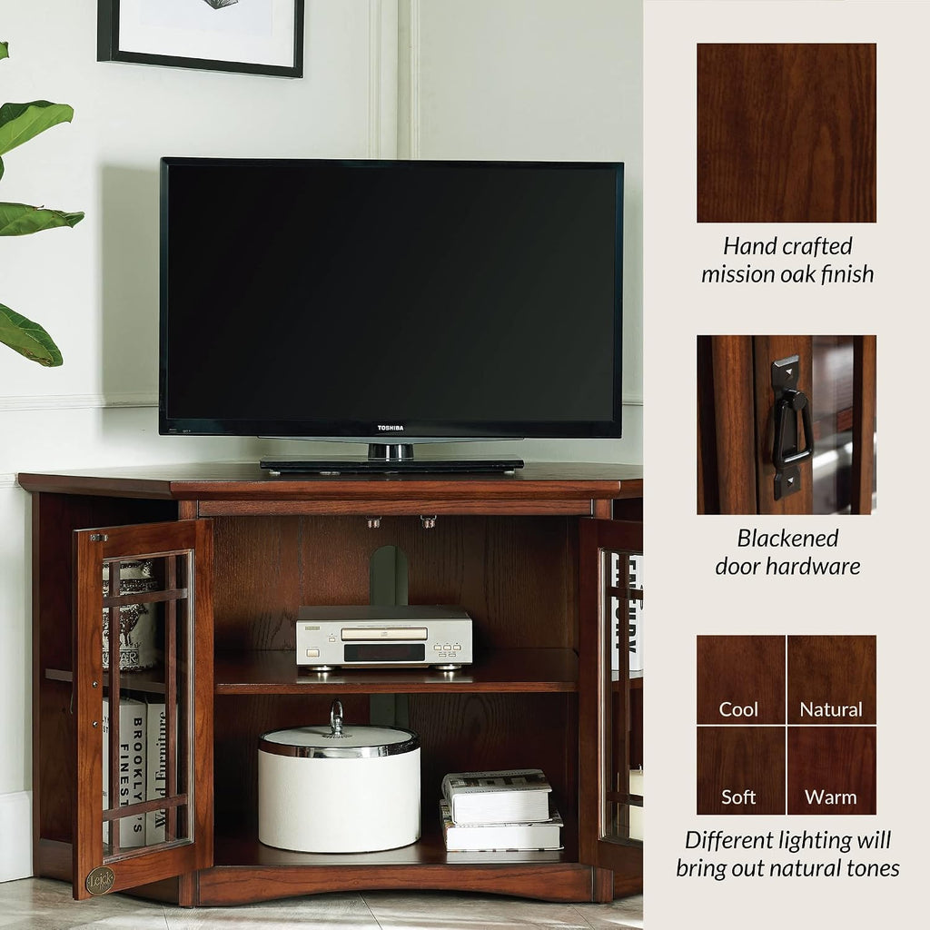 Leick Home 82287 Solid Wood Mission Oak Two Door Corner TV Stand For 50' TVs Living Room Storage Shelves Entertainment Center, Mission Oak TV Console