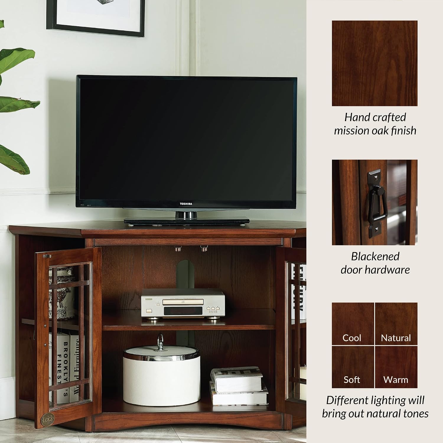 Leick Home 82287 Solid Wood Mission Oak Two Door Corner TV Stand For 50' TVs Living Room Storage Shelves Entertainment Center, Mission Oak TV Console