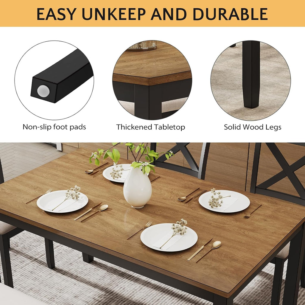 Zevemomo 6-Piece Solid Wood Dining Table Set, Including 1 Dining Table, 4 Upholstered Chairs and 1 Bench, Farmhouse Wooden Legs Dining Table Set for Living Room, Kitchen, Black