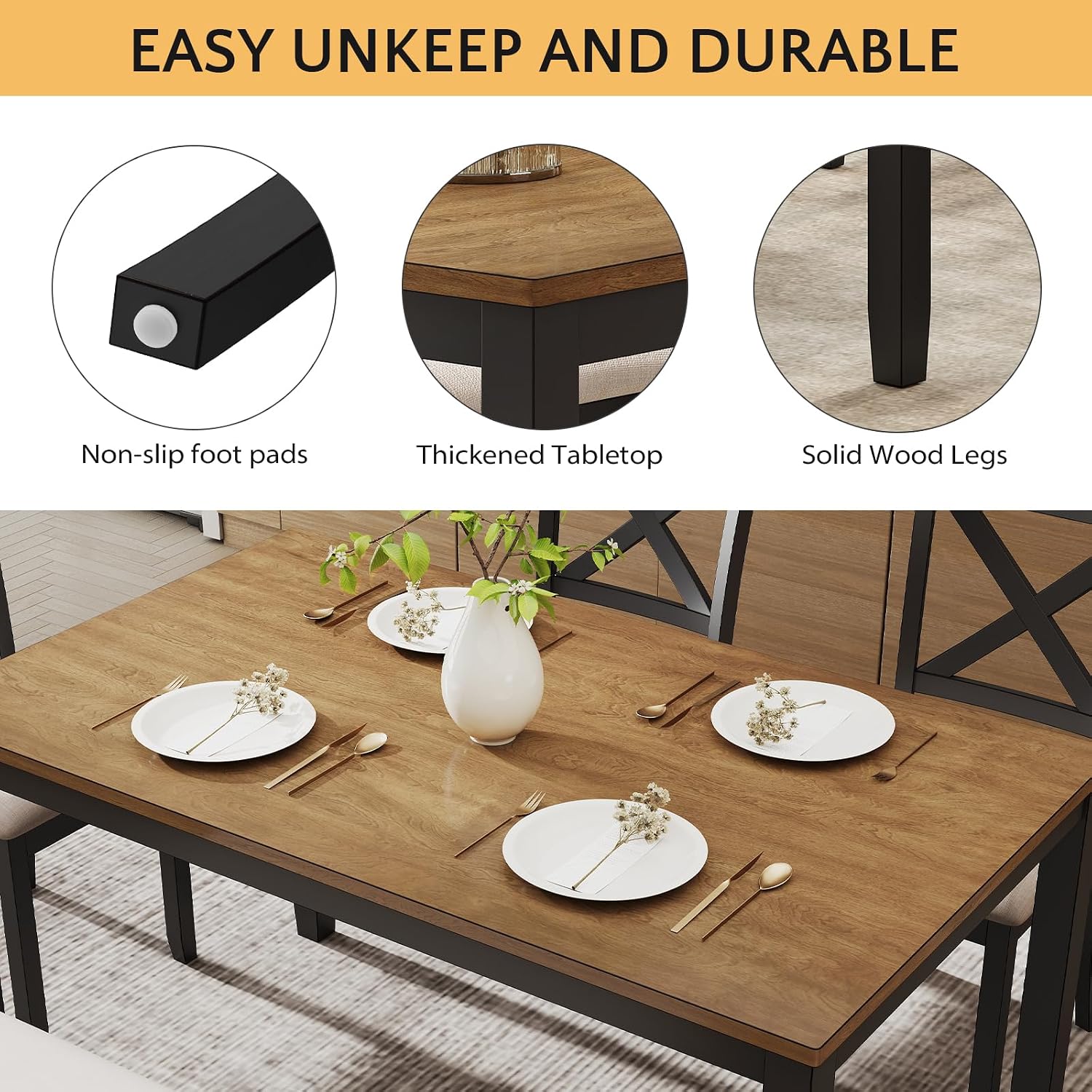 Zevemomo 6-Piece Solid Wood Dining Table Set, Including 1 Dining Table, 4 Upholstered Chairs and 1 Bench, Farmhouse Wooden Legs Dining Table Set for Living Room, Kitchen, Black