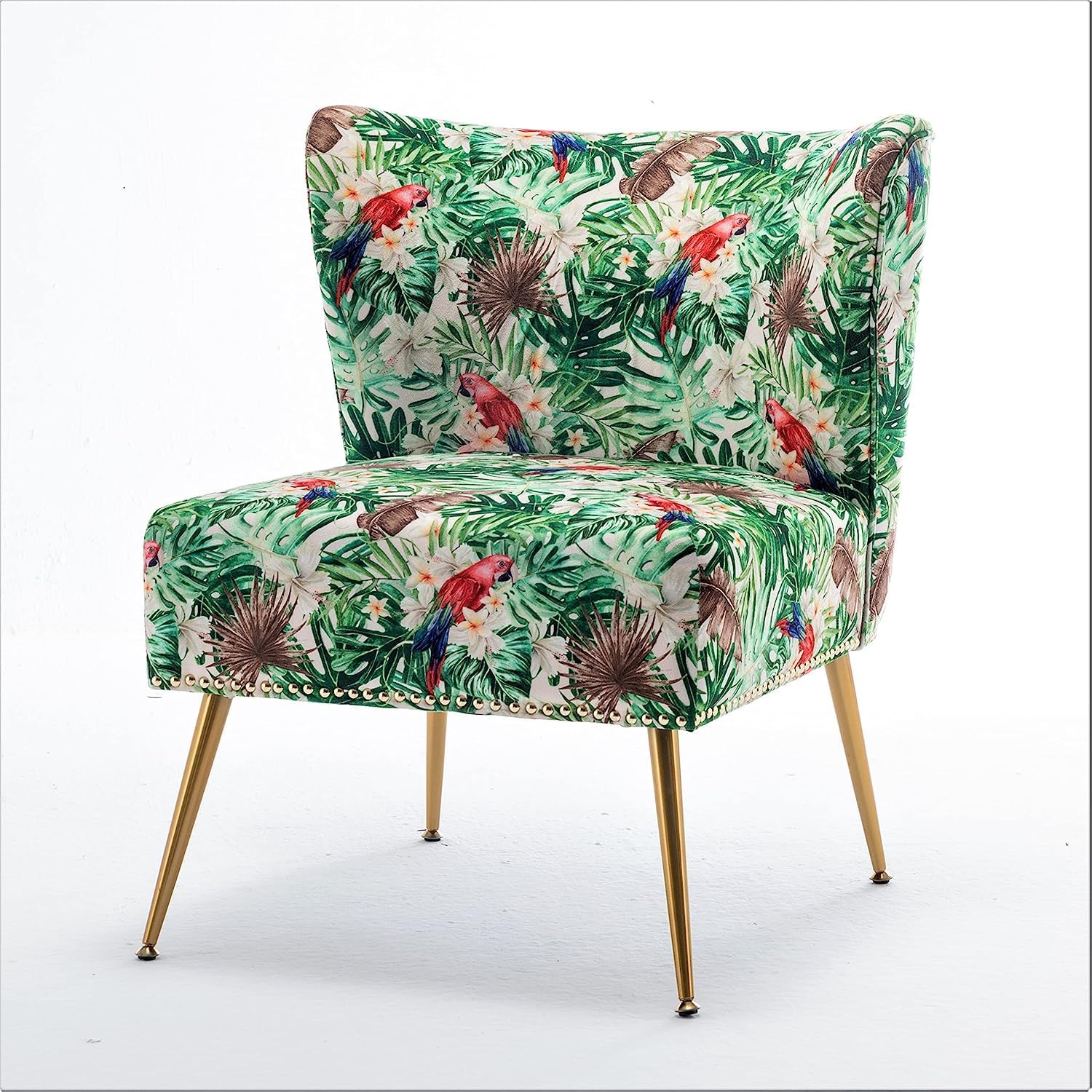 Container Furniture Direct Thia Armless Accent Chair for Living Room, Elegant Seat with Nailhead Trim, Gold Metal Legs and Comfortable Curved Back, 28' D x 25' W x 29.5' H, 06 Floral Print