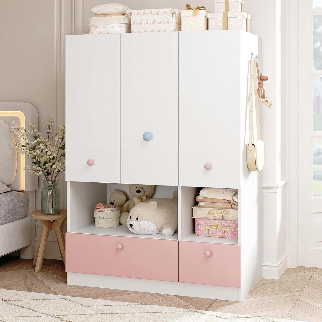 White Armoire Wardrobe Closet with Hanging Rod - Freestanding 3-Door Wooden Wardrobe Cabinet Closet for Bedroom & Dorm, Bedroom Armoires, Features Adjustable Shelves and Drawers for Toys & Clothes