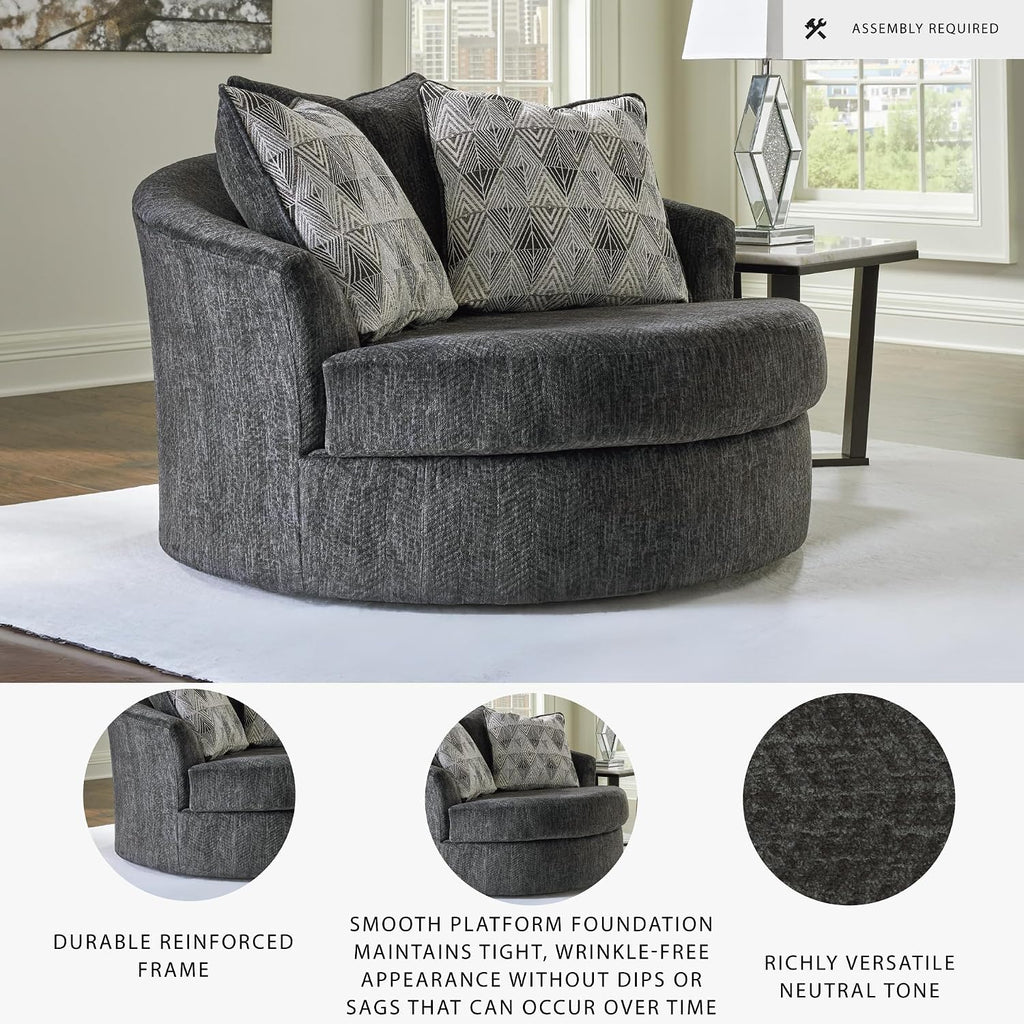 Signature Design by Ashley Biddeford Transitional Upholstered Oversized Swivel Accent Chair with 3 Accent Pillows, Black