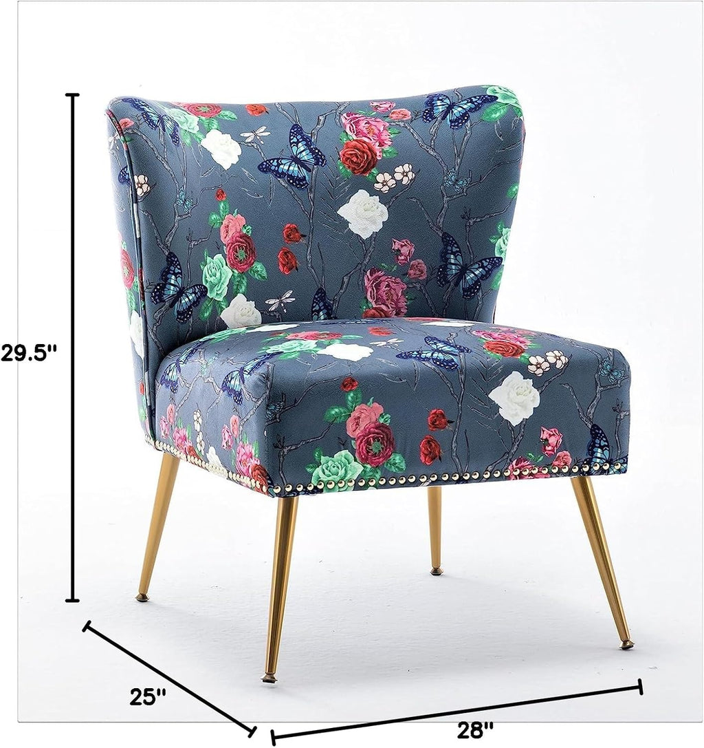 Container Furniture Direct Thia Armless Accent Chair for Living Room, Elegant Seat with Nailhead Trim, Gold Metal Legs and Comfortable Curved Back, 28' D x 25' W x 29.5' H, 07 Floral Print
