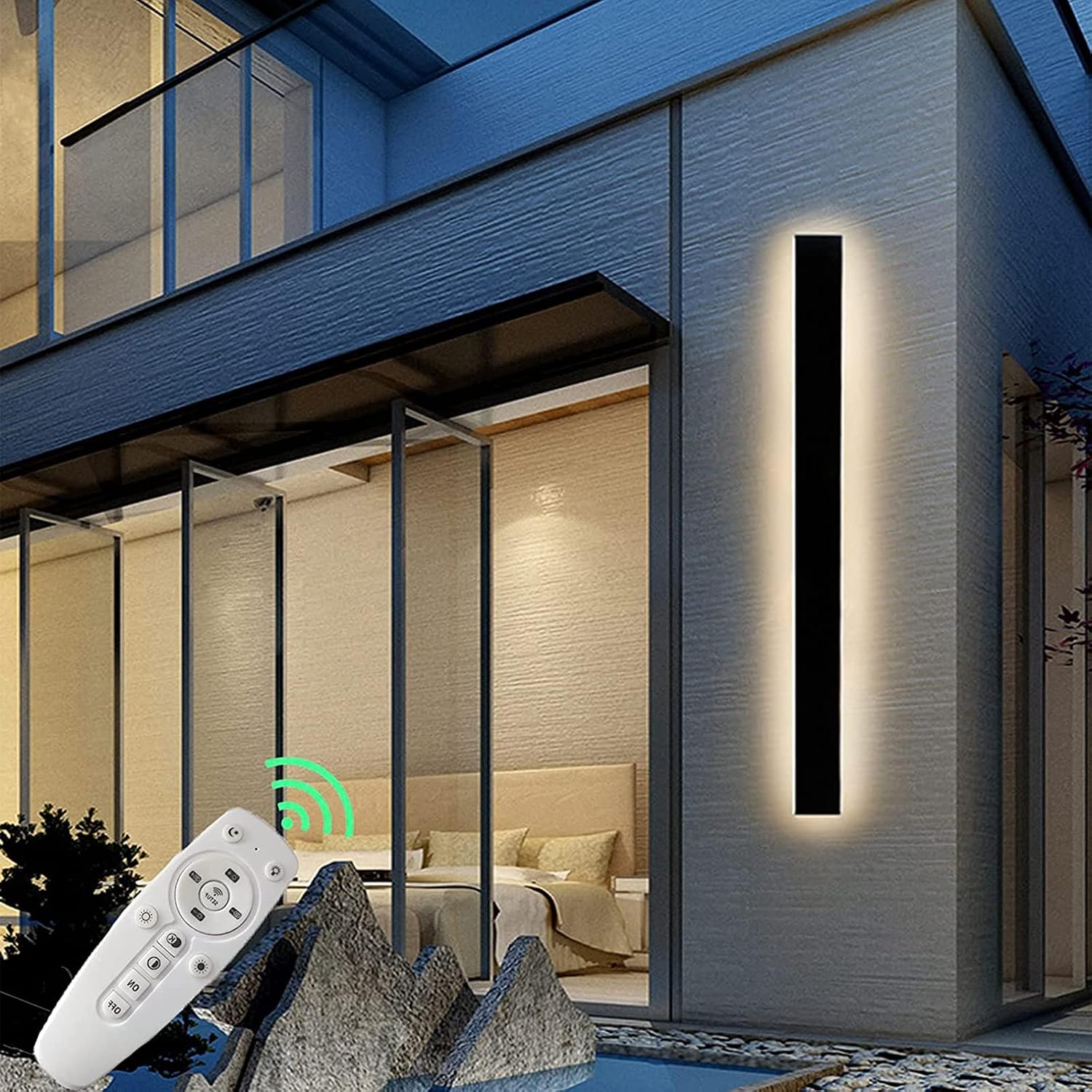 LED Dimmable Wall Lights Exterior with Remote Control Up Down Wall Lamp Indoor Outside Porch Light IP65 Waterproof Wall Sconces Long Strip Spotlight Modern Wall Lighting Black