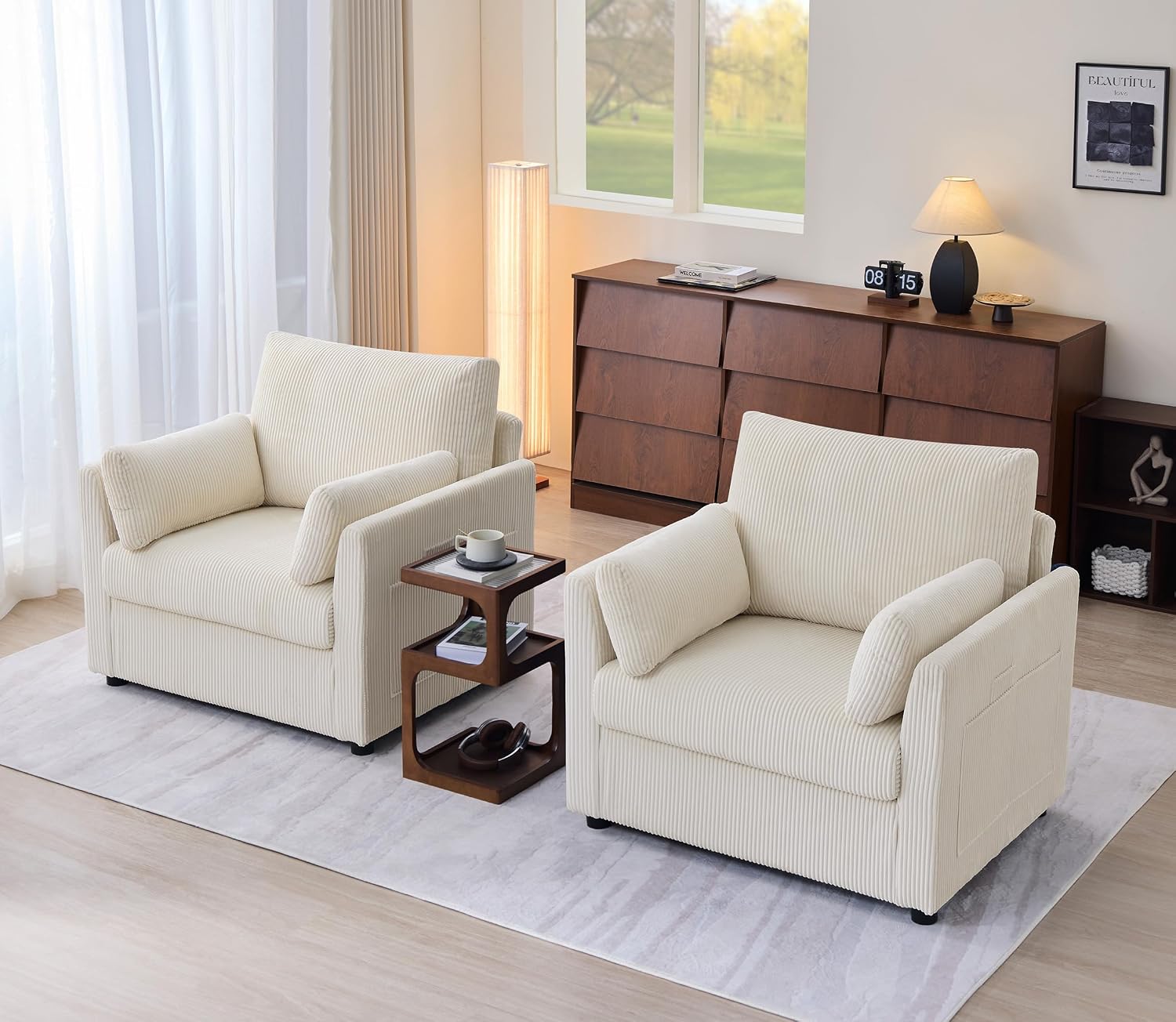 Mofolit Accent Chair Set of 2 Living Room Chairs in Corduroy Fabric,Reading Chair Sofa couches for Apartment Bedroom and Small Spaces. (Beige, 2 Chairs)