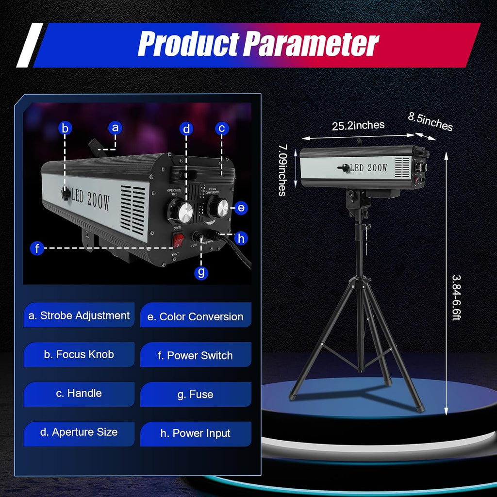 200W Professional Stage Spotlight with Adjustable Height Tripod Stand, 6 Colors 3 Color Temperatures 3200K-6000K, Adjustable Focus Follow Spot Light for Weddings, DJ, Theater & Event