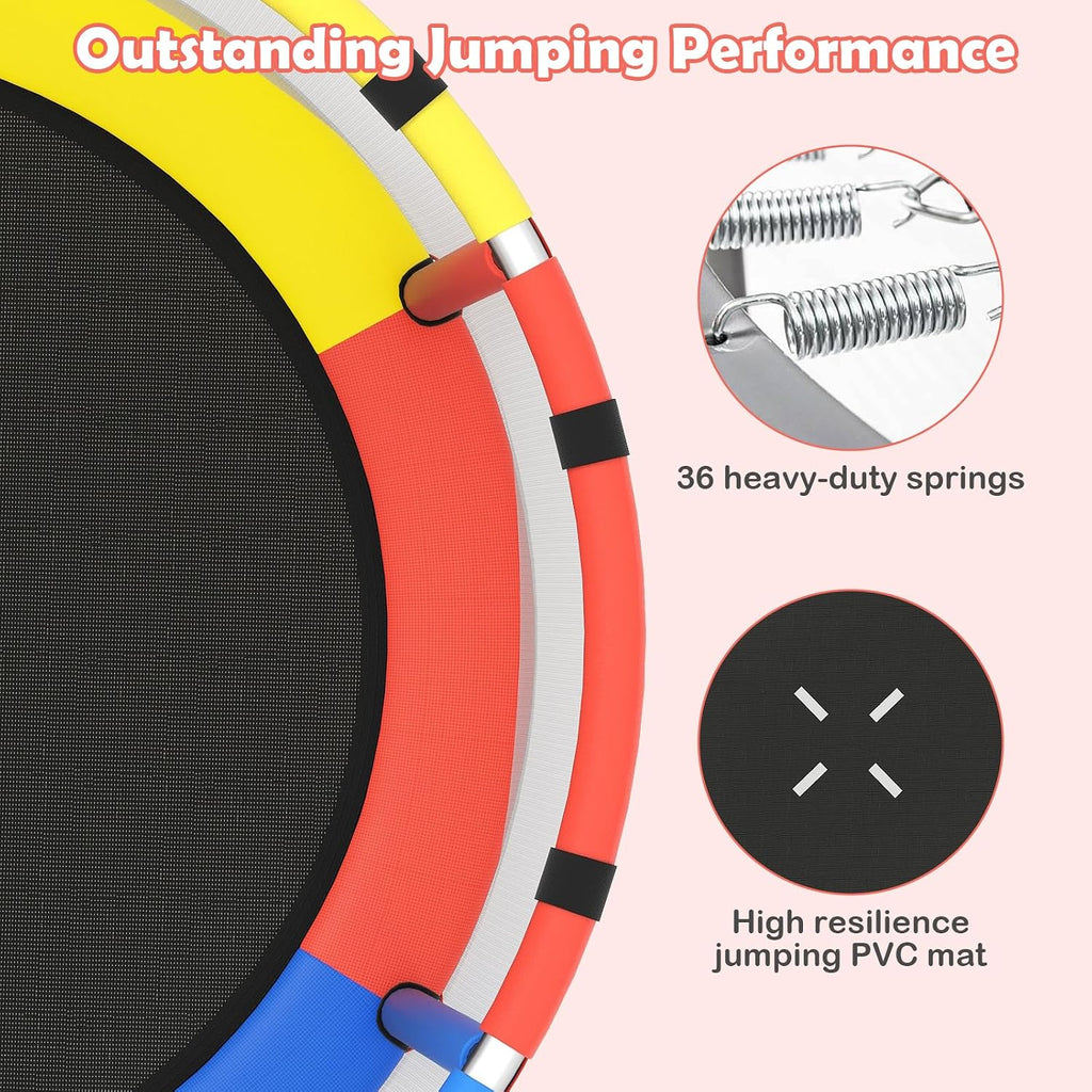 OLAKIDS 55' Trampoline for Kids, Indoor Outdoor Adjustable Toddler Trampoline with Safety Enclosure Net, Baby Recreational Trampolines with Basketball Hoop Hammock Boxing Bag Gymnastic Bar Rings