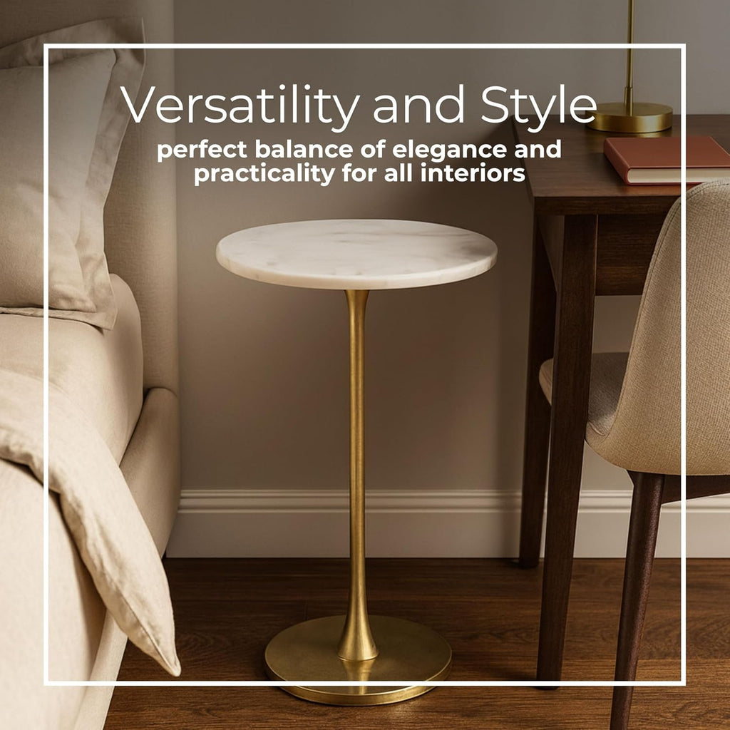 Glam End Table, Side Table, or Small Night Stand for Home Decor – Bold Metal Table with Luxurious Round Marble Top Ideal for Office, Bedroom, or Living Room – Sturdy Table for Small Spaces – 24' Gold