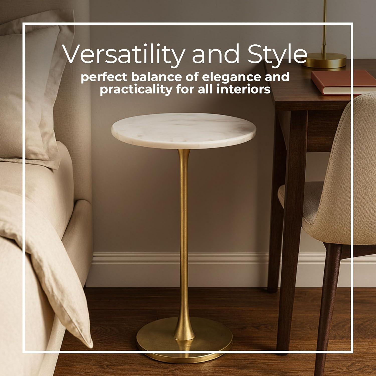 Glam End Table, Side Table, or Small Night Stand for Home Decor – Bold Metal Table with Luxurious Round Marble Top Ideal for Office, Bedroom, or Living Room – Sturdy Table for Small Spaces – 24' Gold