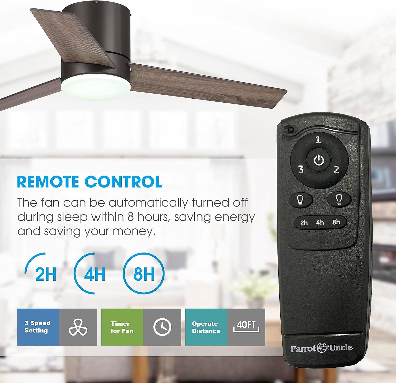 Parrot Uncle Ceiling Fans with Lights and Remote Low Profile Flush Mount Ceiling Fan with Light for Bedroom, Light Color Adjustable, 48 Inch, Brown