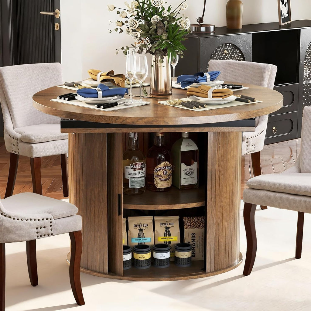 43-59 inch Extendable Round Dining Table with 2-Tier Hidden Storage Shelf,Space Saving Wood Kitchen Table for Small Spaces, Seats 4-6, Mid-Century Modern Oval Design, Brown