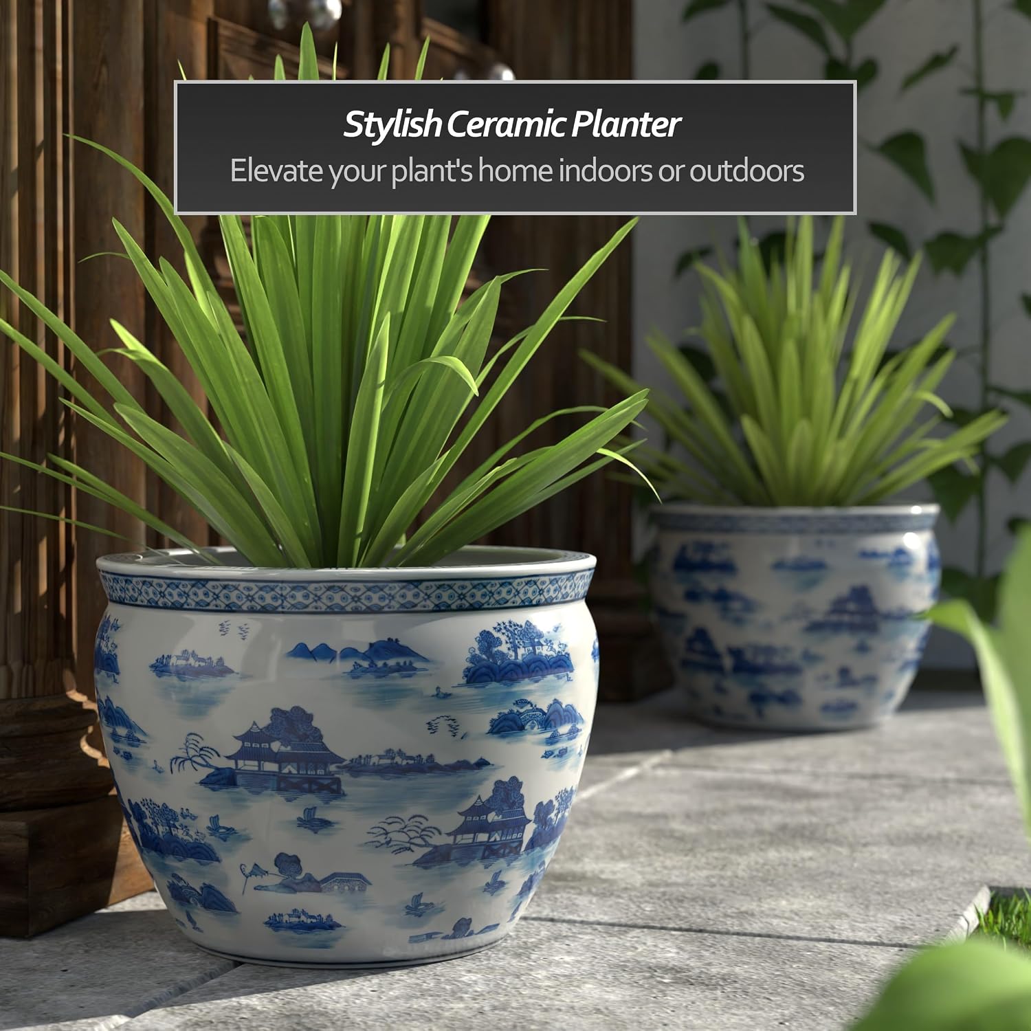Red Lantern 18' Porcelain Fishbowl Blue & White Landscape Planter