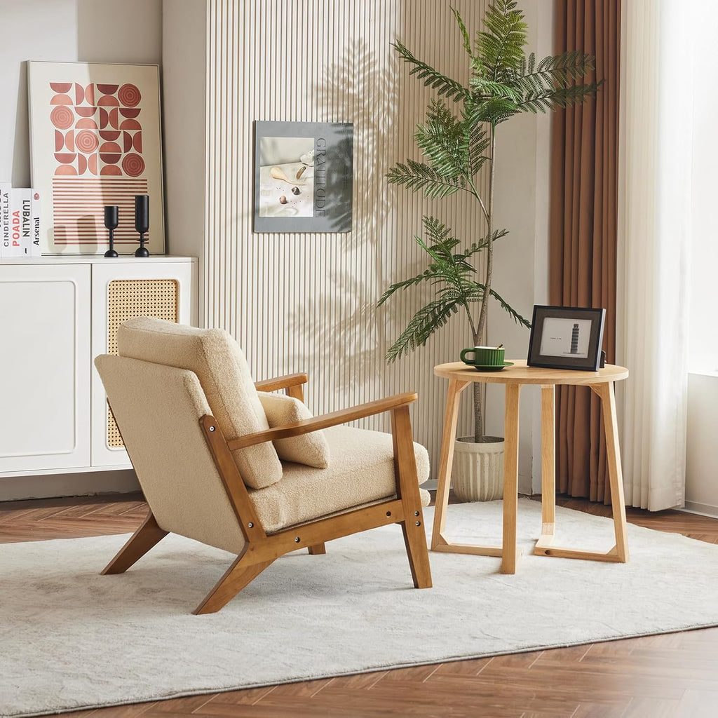 Karl home Accent Chair Wide Armrest Mid-Century Lounge Chair Teddy Fleece Armchair with Lumbar Pillow & Solid Wood Frame for Living Room, Bedroom, Balcony, Khaki