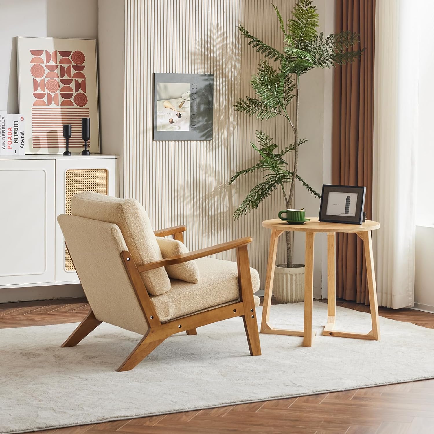 Karl home Accent Chair Wide Armrest Mid-Century Lounge Chair Teddy Fleece Armchair with Lumbar Pillow & Solid Wood Frame for Living Room, Bedroom, Balcony, Khaki