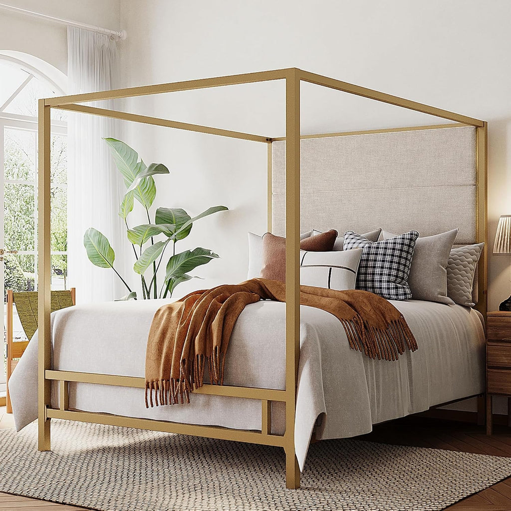 Merax King Size Gold Metal Canopy Bed Frame, Modern Upholstered Linen Headboard with Tall Back Support, 800 lbs Weight Capacity, Luxurious 4-Poster Bedroom Furniture for Modern Home, Gold+Tan