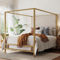Merax King Size Gold Metal Canopy Bed Frame, Modern Upholstered Linen Headboard with Tall Back Support, 800 lbs Weight Capacity, Luxurious 4-Poster Bedroom Furniture for Modern Home, Gold+Tan