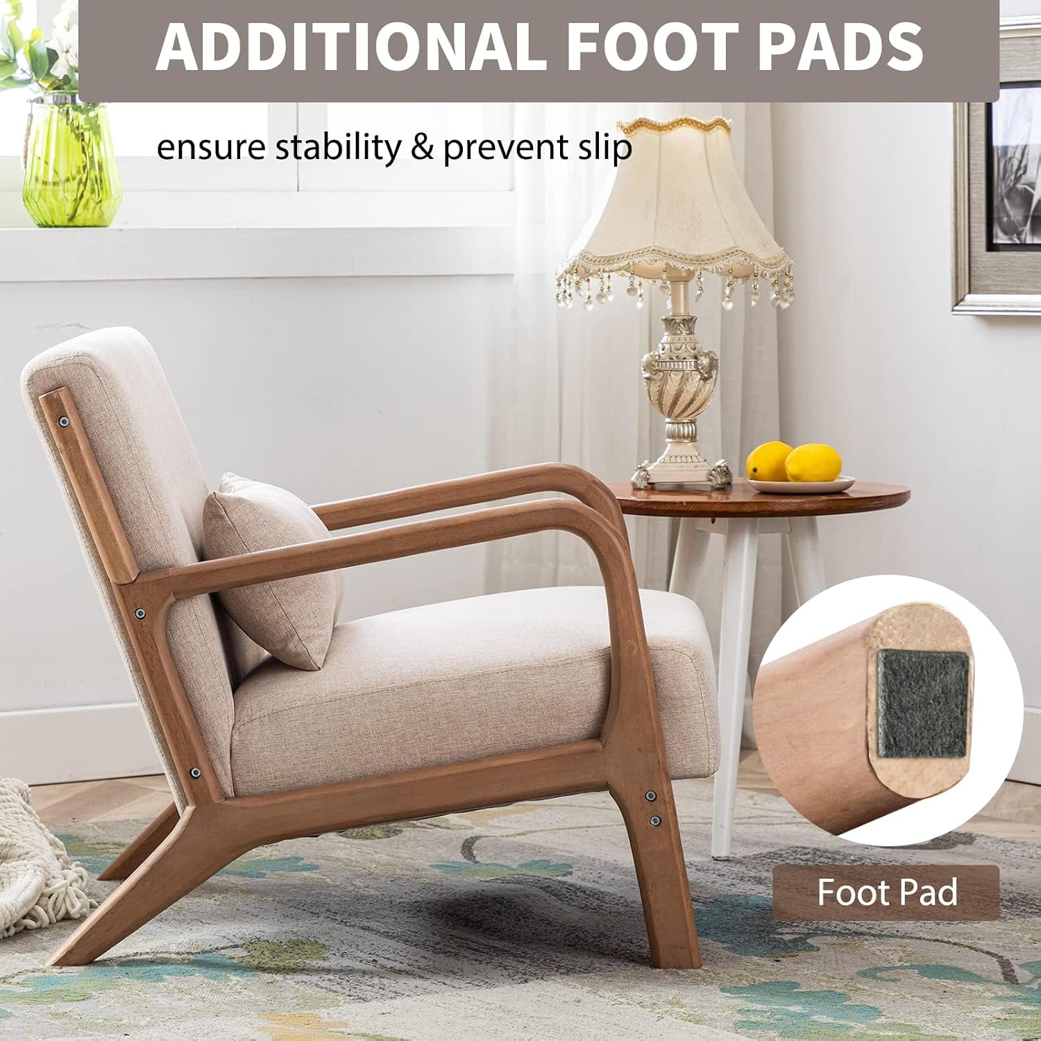 ANJ Mid Century Modern Accent Chairs Set of 2, Single Fabric Lounge Reading Armchair with Solid Wood Frame, Easy Assembly Arm Chairs for Living Room Beige 2