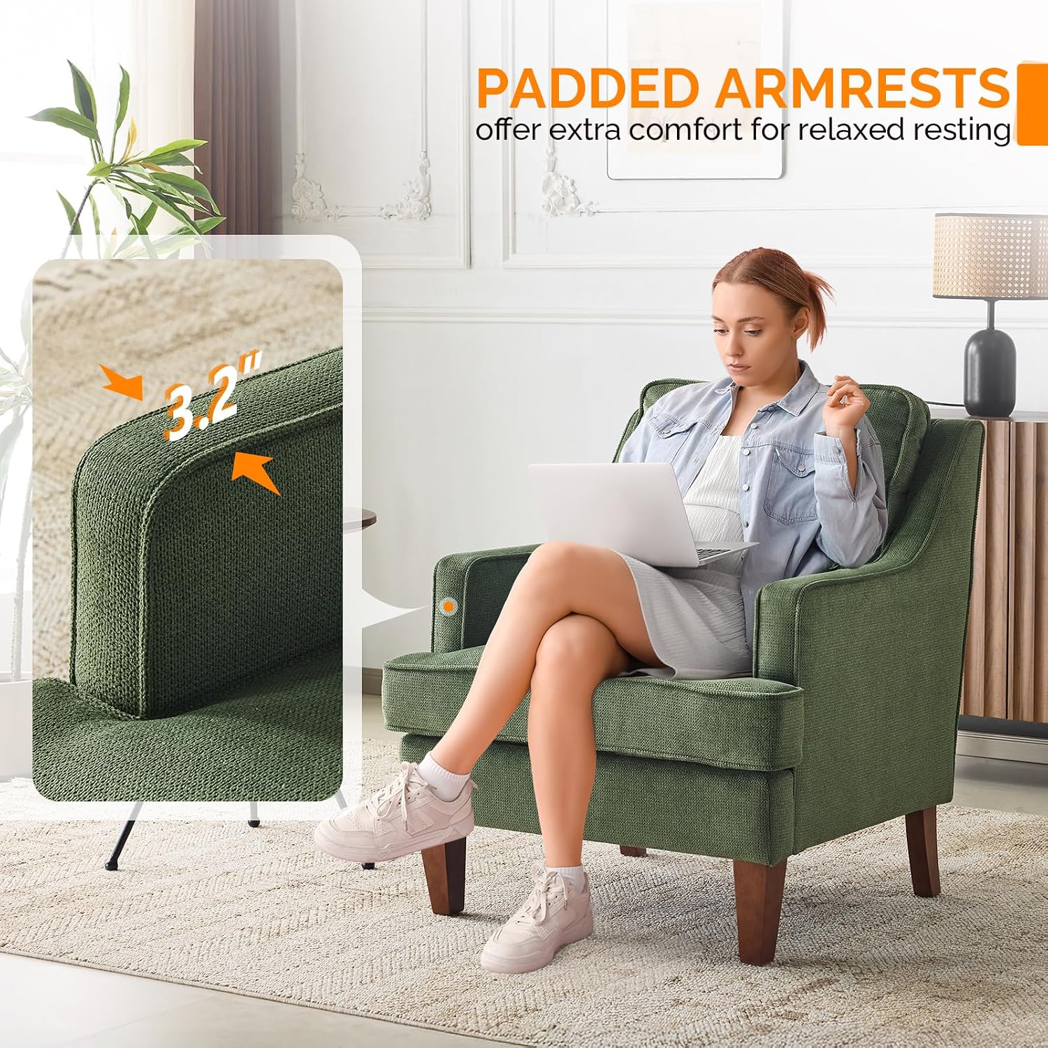 VINGLI Mid-Century Modern Accent Chair, Green Upholstered Armchair Comfy Sofa Chair Reading Chair High Back for Living Room Bedroom Furniture Apartment