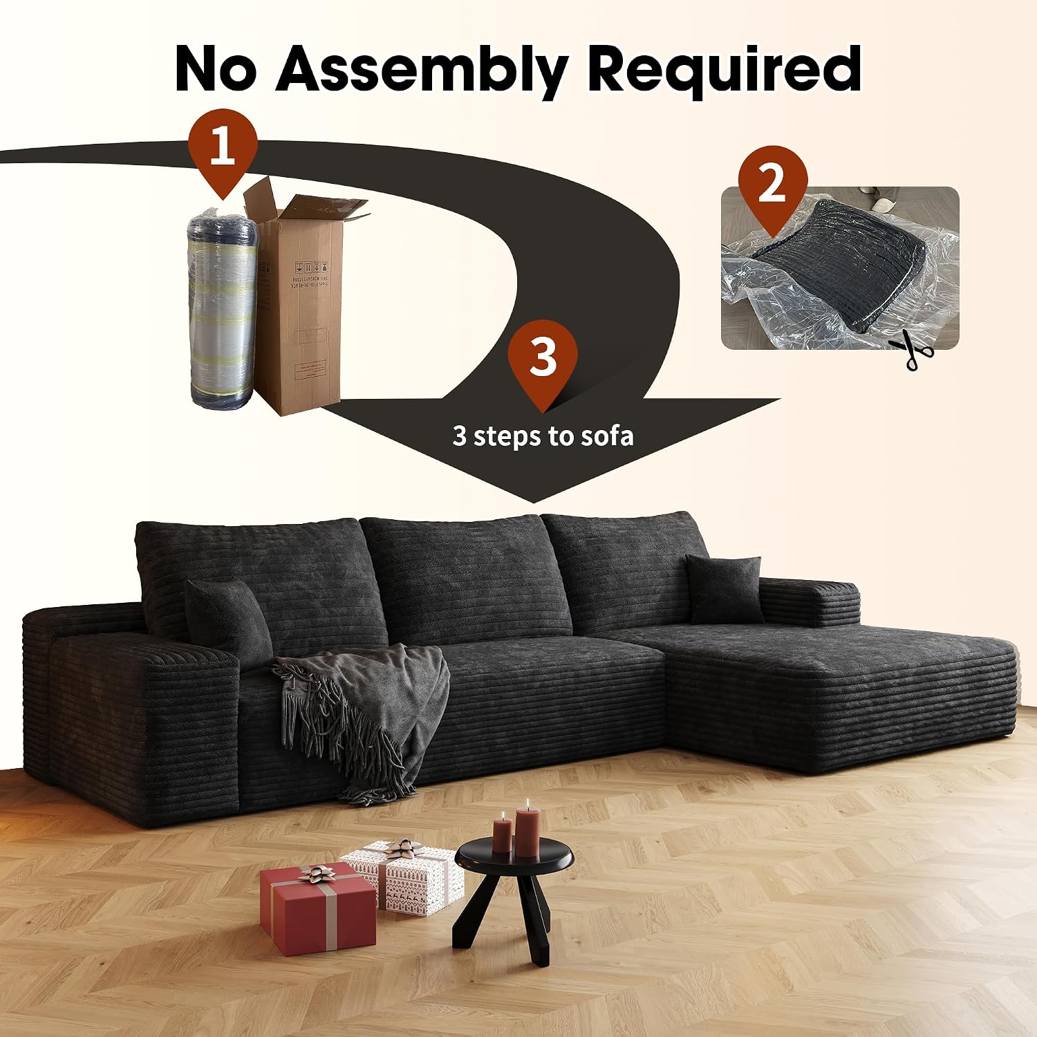 Eafurn Oversized L Shape Modular Sectional Sofa with Right Facing Chaise Lounge,Wide Deep Seat Compressed Corner Couch,Minimalist Corduroy Upholstered Boneless Lounge Sofa Couch