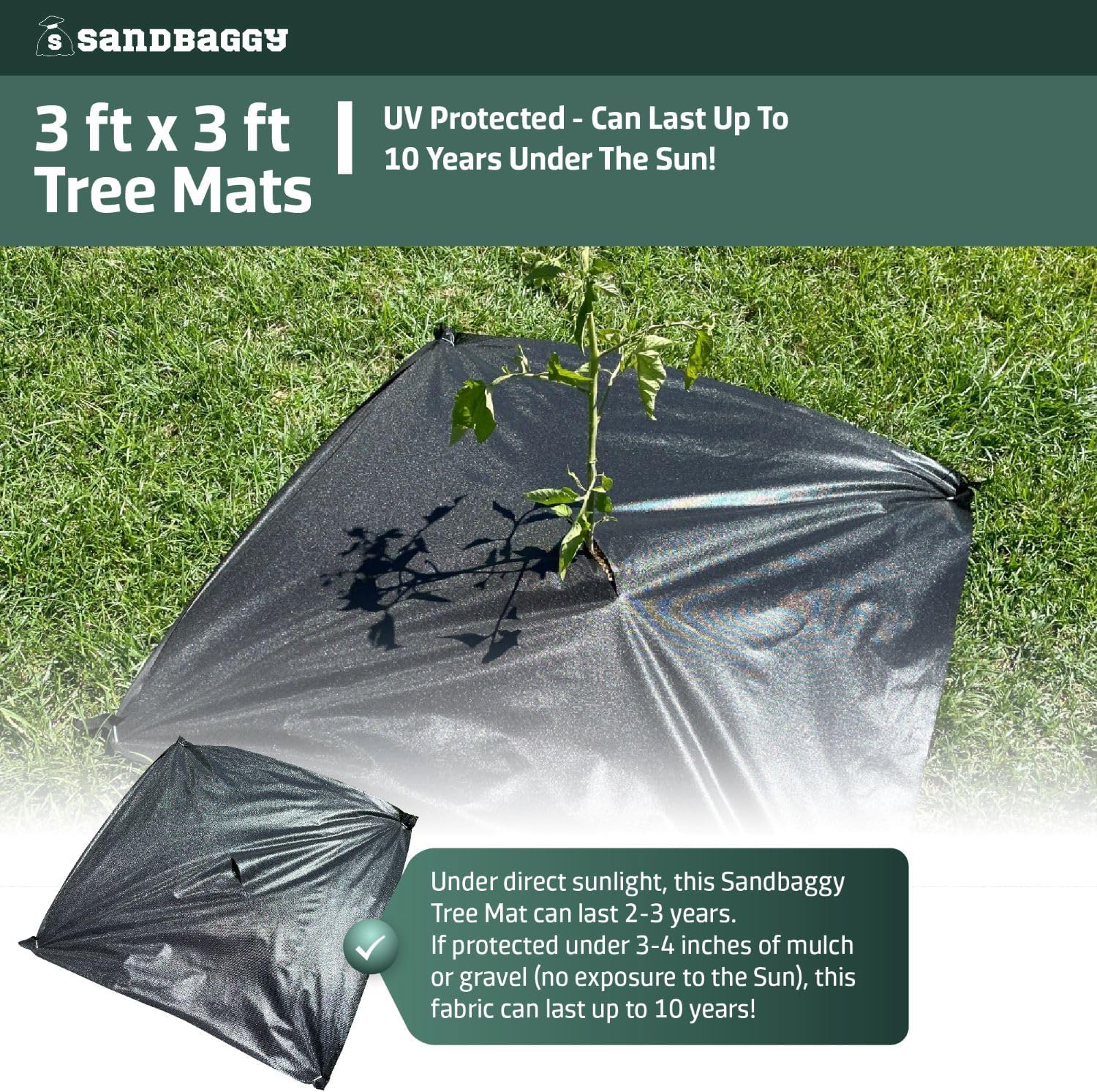 Sandbaggy Tree Mats 3 ft x 3 ft | Fabric Stops Weeds in Its Tracks | UV Protected for Extended Life | for Landscape, Weed Barrier, Ground Cover, Farming, Garden | DOT Approved (Pack of 15,000)
