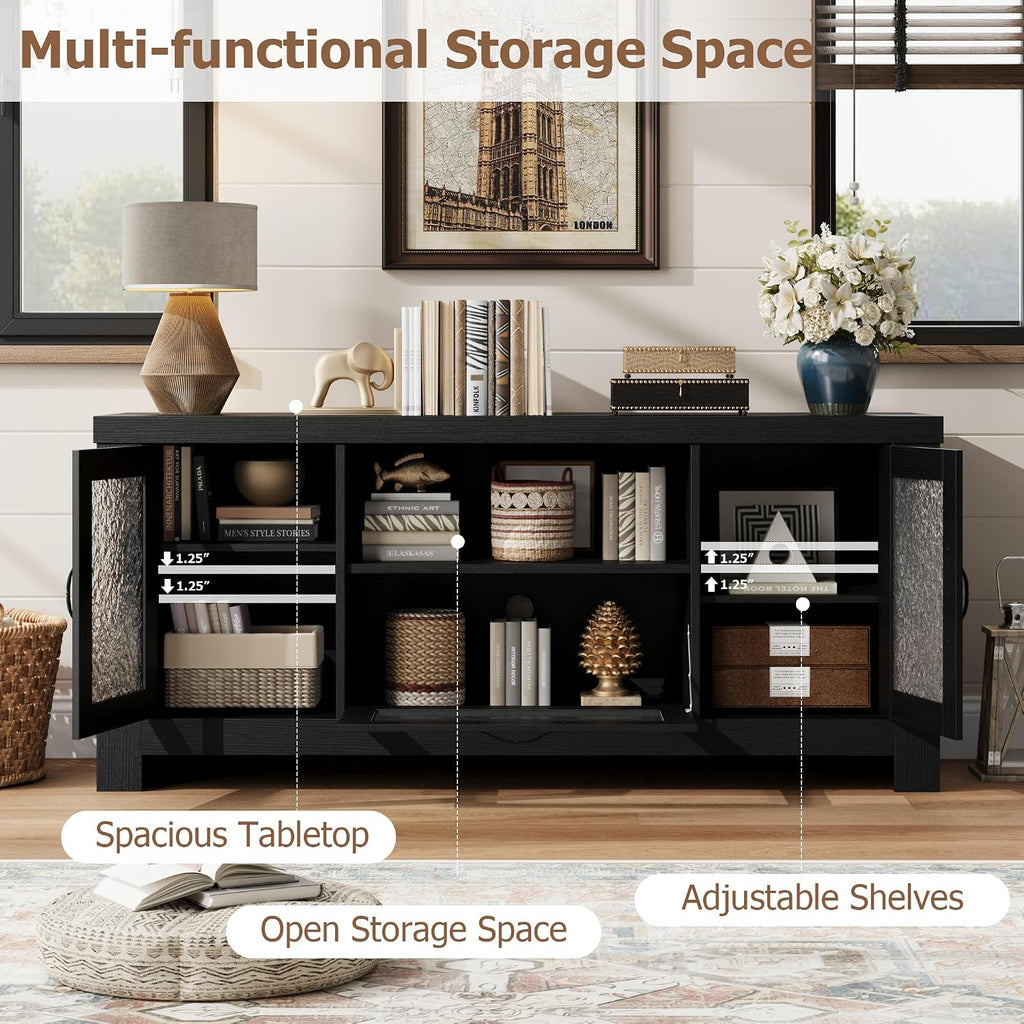Farmhouse TV Stand for TVs up to 60 Inch, Wood Entertainment Center with Acrylic Door Storage Cabinets, Adjustable Shelves, Sturdy TV Console Table for Living Room Bedroom, Black
