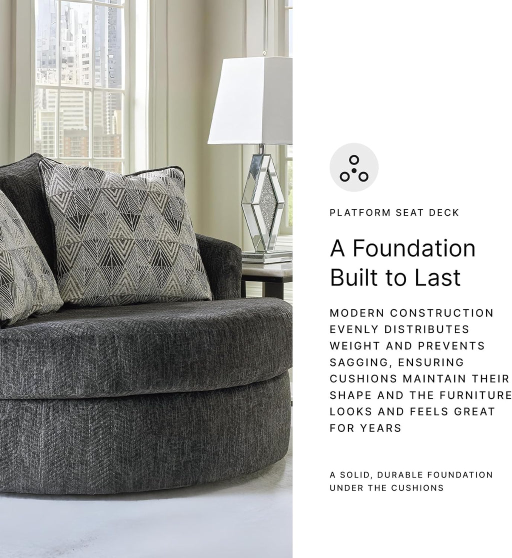 Signature Design by Ashley Biddeford Transitional Upholstered Oversized Swivel Accent Chair with 3 Accent Pillows, Black