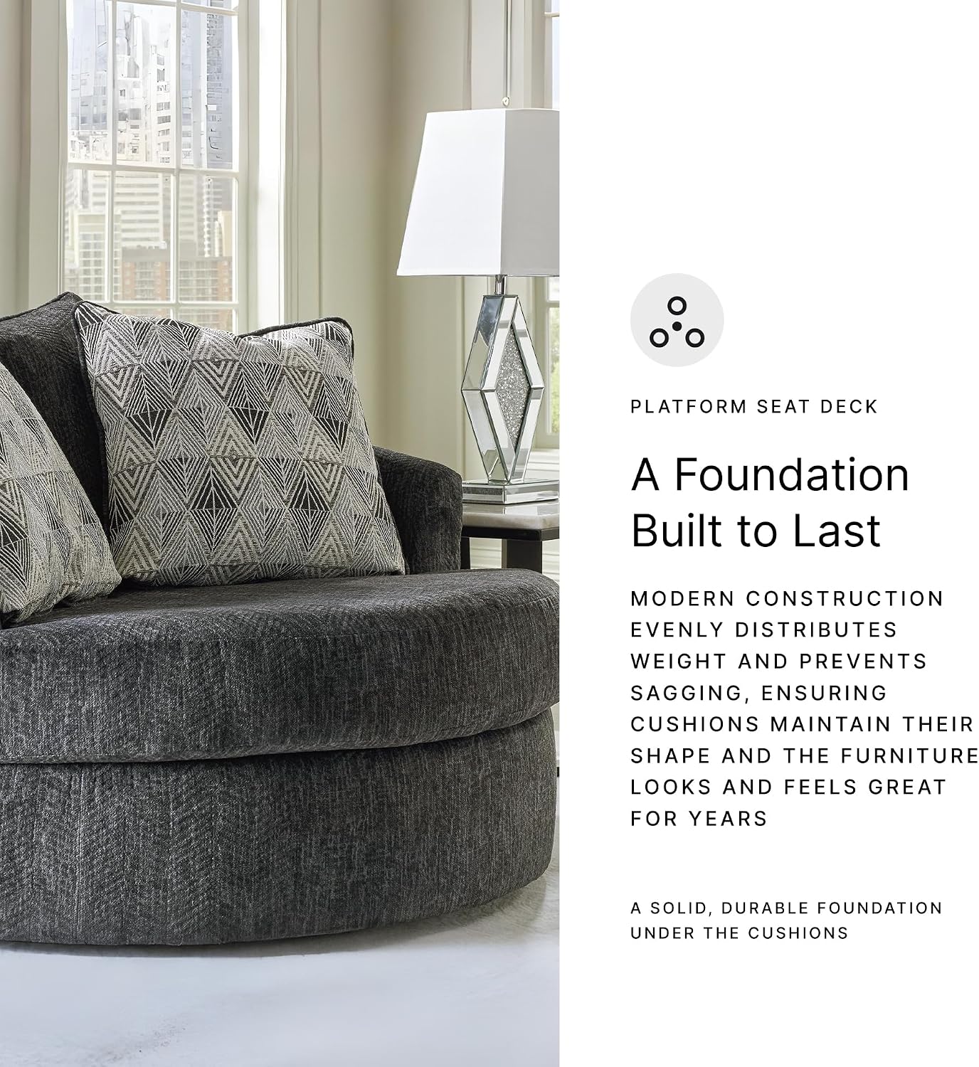Signature Design by Ashley Biddeford Transitional Upholstered Oversized Swivel Accent Chair with 3 Accent Pillows, Black