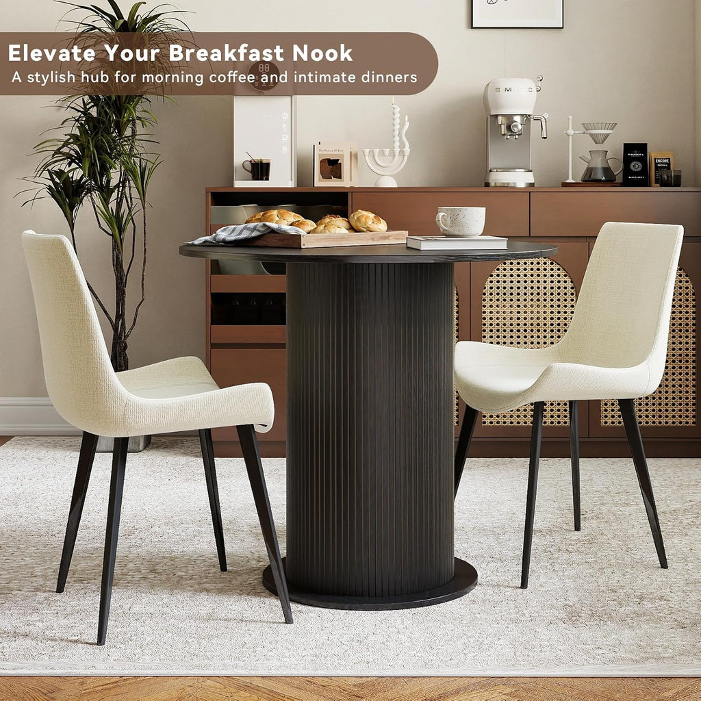 31.5 Inch Round Dining Table with Hidden Storage, Modern Fluted Pedestal Kitchen Table for Small Spaces, Circular Breakfast Nook Table with 2-Layer Shelves for Apartment Studio, Black
