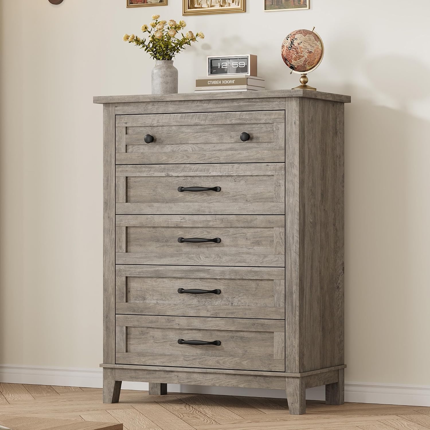 GarveeHome 5 Dresser for Bedroom, 41.3 in Tall Vertical Drawer Dresser with Large Storage, Freestanding Wooden Closet Chest for Bedroom, Living Room, Ash Grey