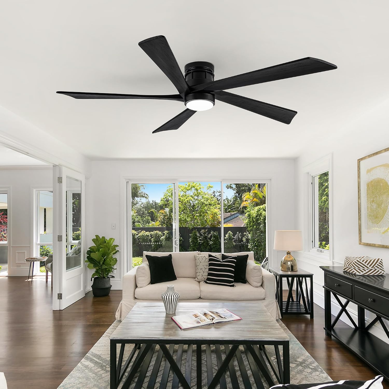EKIZNSN 54 Inch Outdoor Low Profile Flush Mount Ceiling Fans with Lights for Patios, 110V Noiseless Reversible DC Motor, 6-Gear Speed (Black Finish with Black Blades)