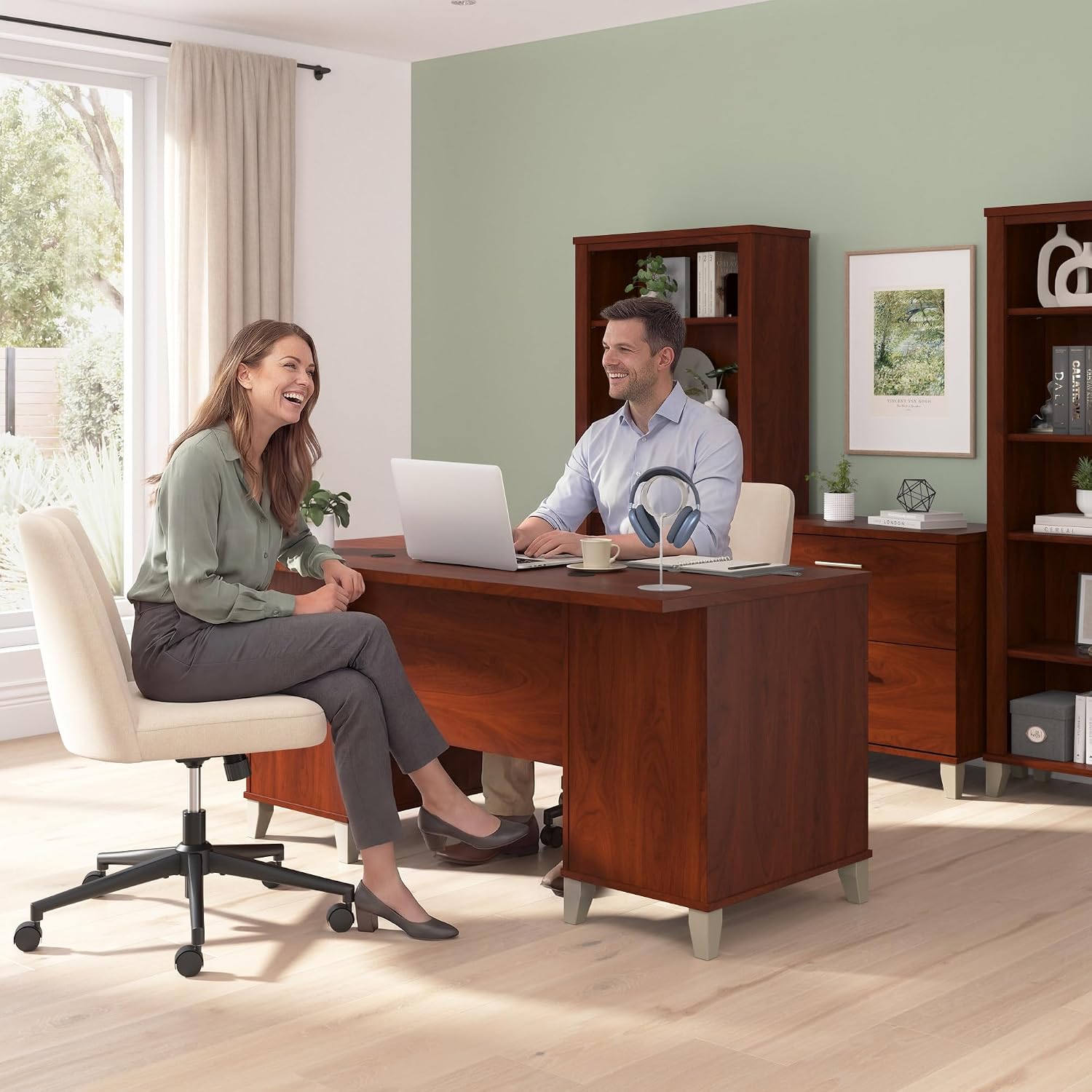 Bush Home 60-Inch Office Desk with Drawers, Computer Desk with File and Box Drawers, Home Office Workstation with Storage Cabinet, Writing Desk Furniture, Somerset Collection, Hansen Cherry