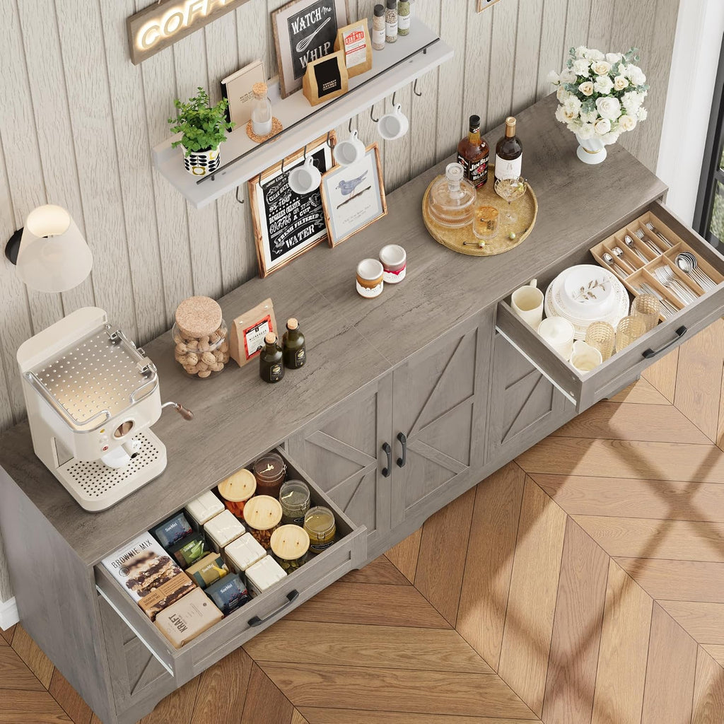 BOTLOG 71' Large Sideboard Buffet Cabinet with Storage, Farmhouse Kitchen Buffet Cabinet with Adjustable Shelves and 6 Barn Doors, Wood Coffee Wine Bar Console Table, White, Ash Grey (Ash Grey)
