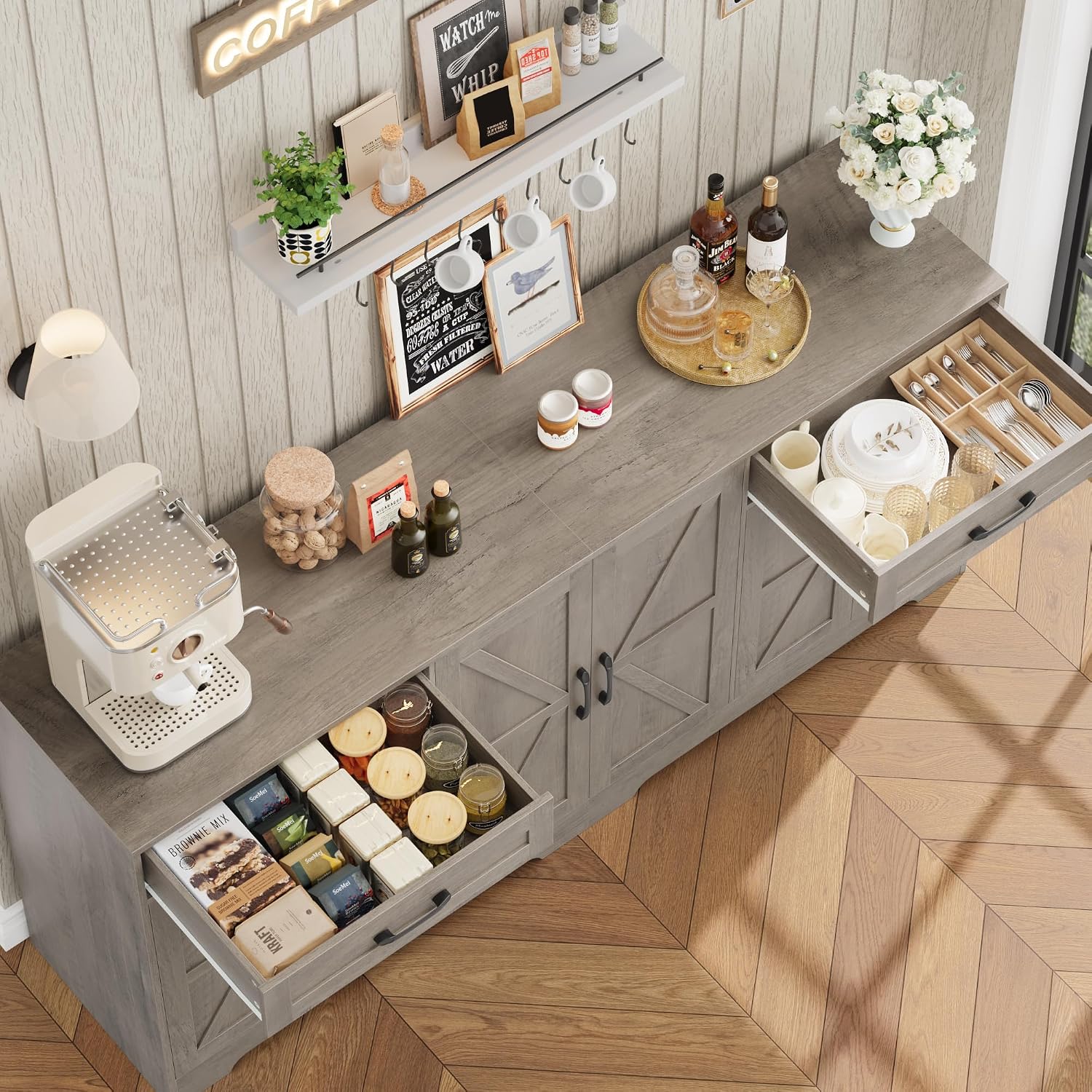 BOTLOG 71' Large Sideboard Buffet Cabinet with Storage, Farmhouse Kitchen Buffet Cabinet with Adjustable Shelves and 6 Barn Doors, Wood Coffee Wine Bar Console Table, White, Ash Grey (Ash Grey)