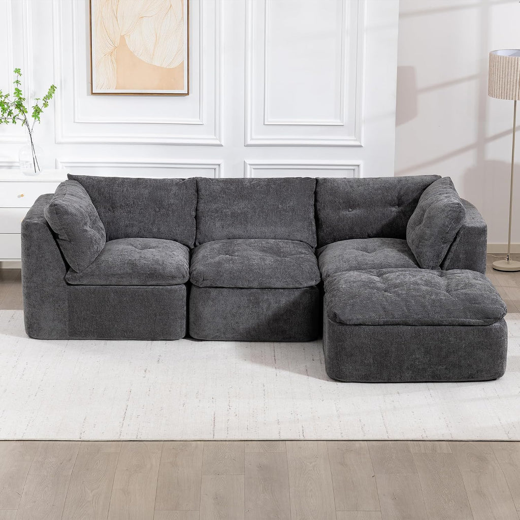 Tufted Cushions Cloud Sectional Boneless Sectional Sofa with Movable Ottoman, 112' Oversized Modular Convertible L Shaped Corner Couch with Deep Seat,Memory Foam Compressed Sofa