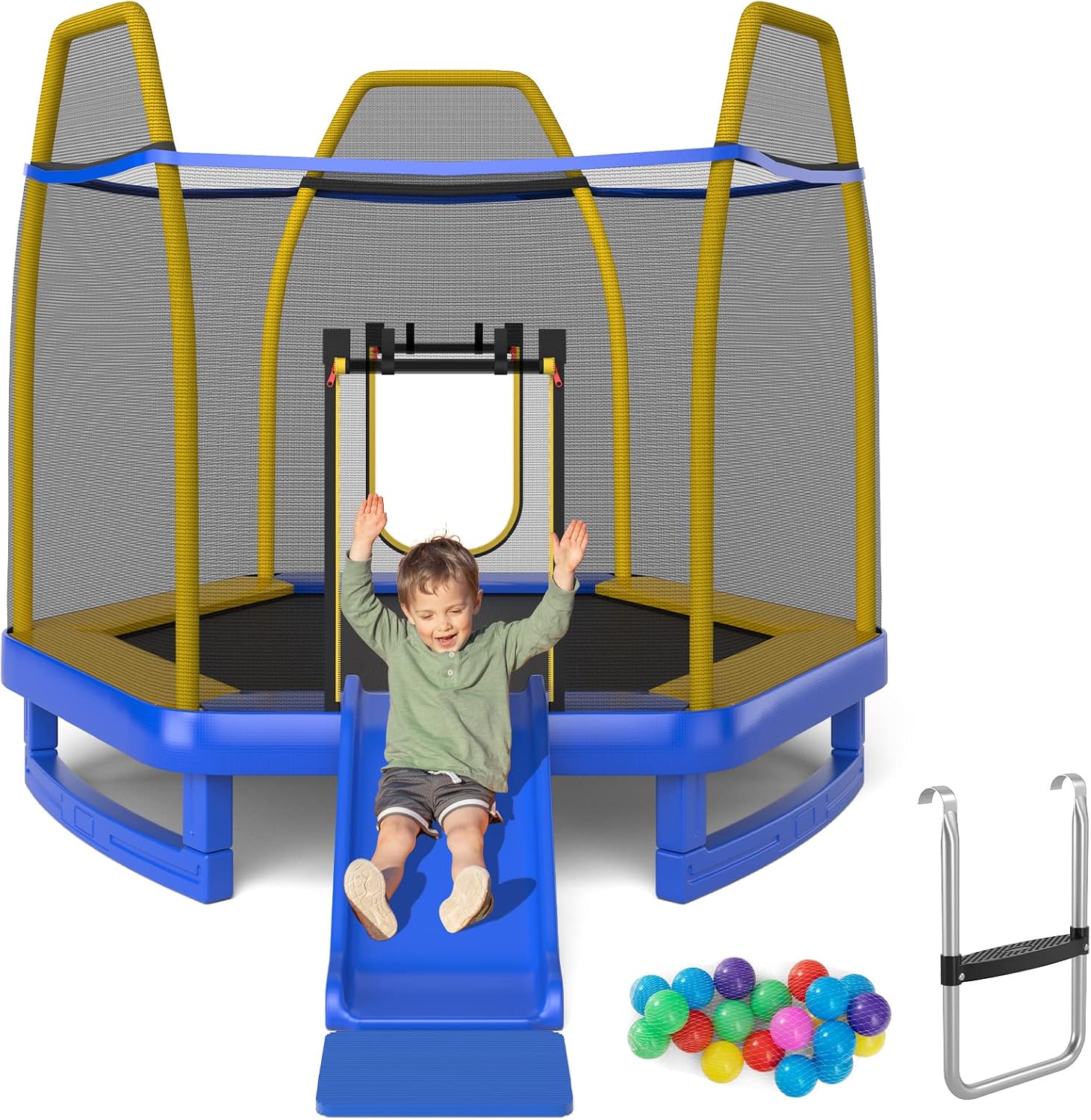 Giantex 7 FT Kids Trampoline with Ladder, Slide, Ocean Balls, ASTM Approved Recreational Trampoline with Net, Spring Cover