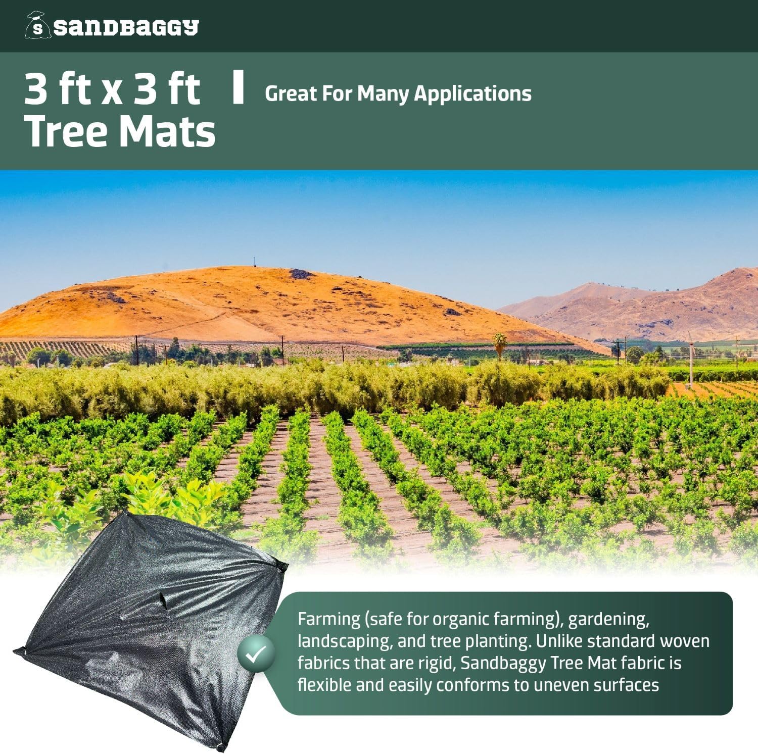 Sandbaggy Tree Mats 3 ft x 3 ft | Fabric Stops Weeds in Its Tracks | UV Protected for Extended Life | for Landscape, Weed Barrier, Ground Cover, Farming, Garden | DOT Approved (Pack of 400)
