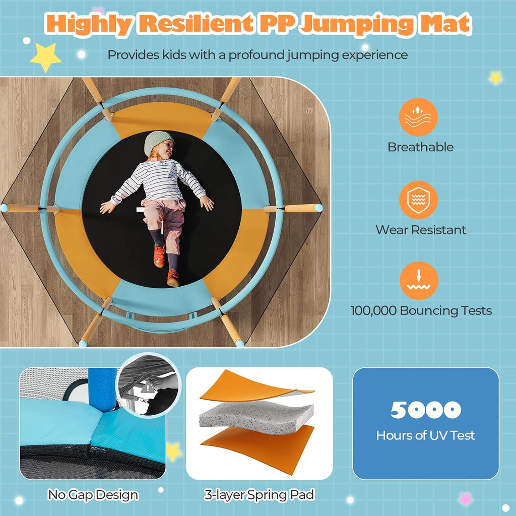Goplus 60'' Trampoline for Kids, 3-in-1 Toddler Trampoline with Gymnastic Bar, Swinging Rings, Heightened Safety Enclosure Net, 5 FT Indoor Outdoor Recreational Rebounder for Boys Girls