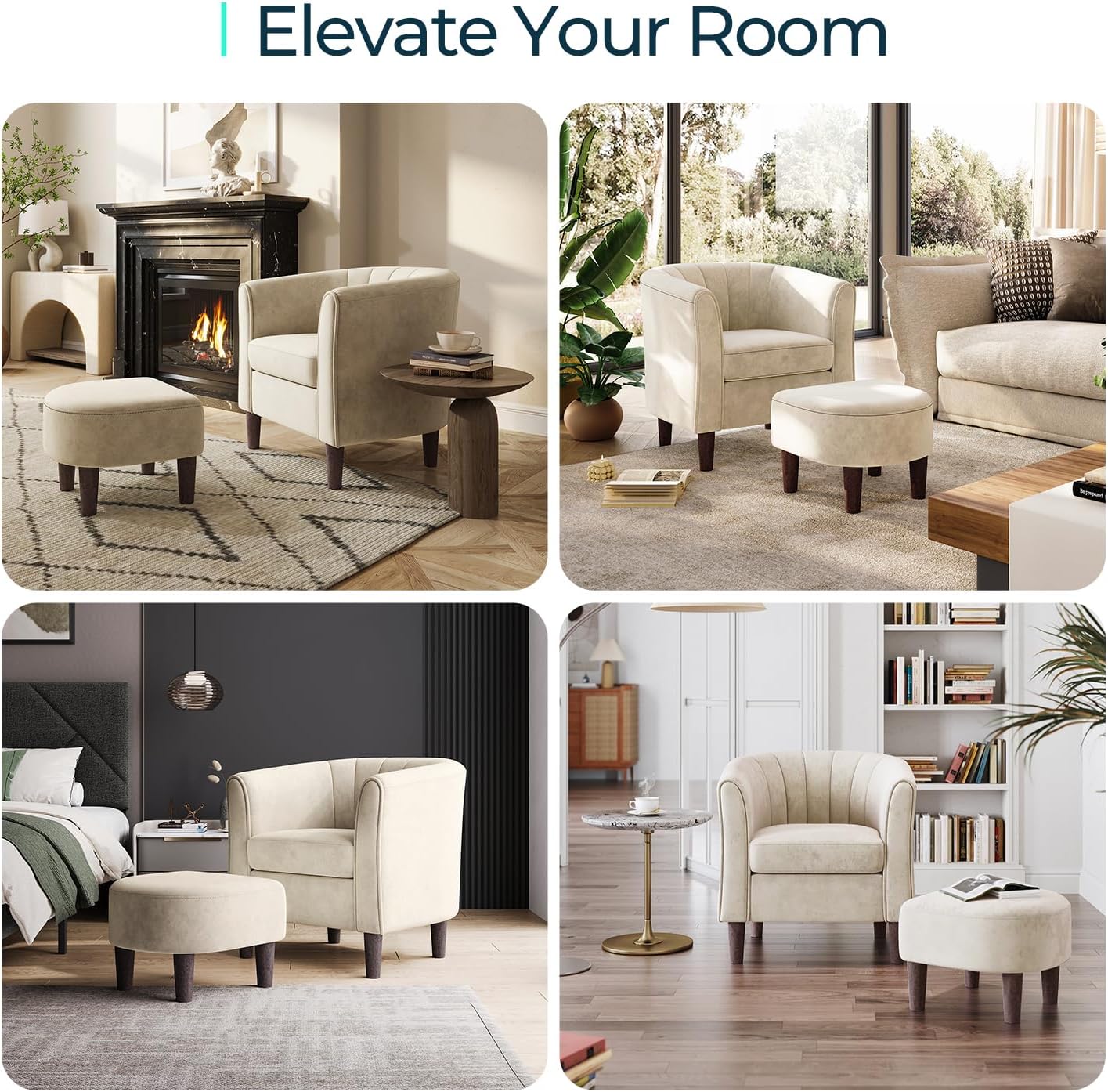 LINSY Accent Chair with Ottoman, Modern Barrel Chair Small Armchair Reading Chair with Footrest, Comfy Round Arms Chair for Living Room Bedroom Reading Room, Velvet, Beige