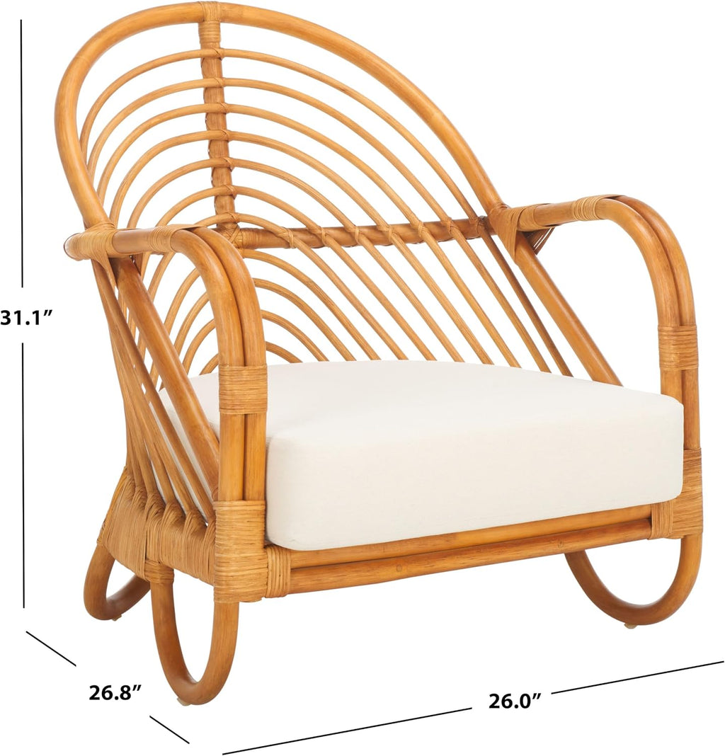 SAFAVIEH Couture Collection Ivybelle Tropical Coastal Natural Rattan/White Linen Cushion Accent Chair (Fully Assembled)