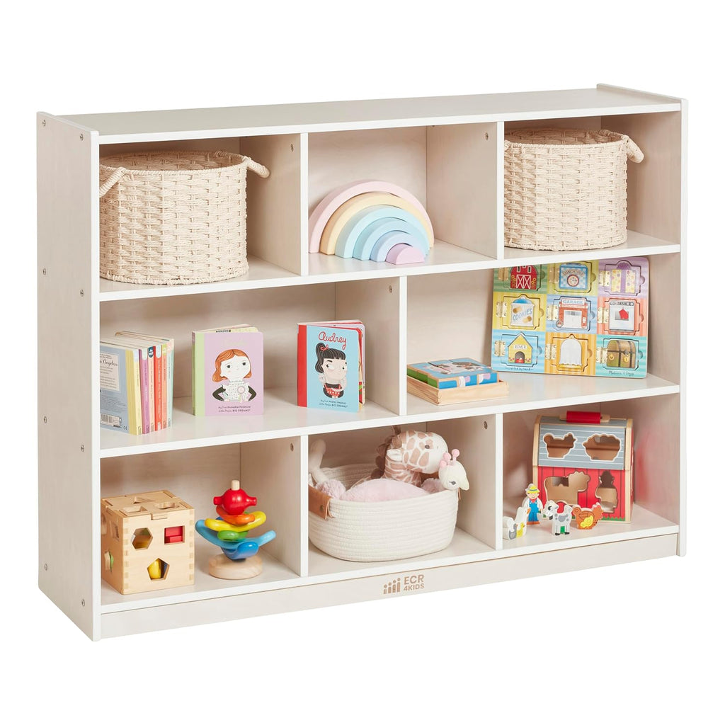 ECR4Kids 8-Compartment Mobile Storage Cabinet, Elementary, Classroom Furniture, White Wash