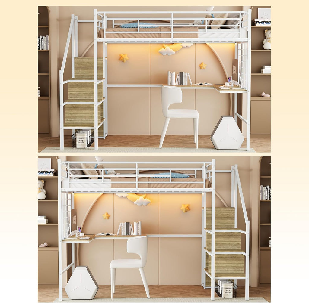 Twin Size Metal Loft Bed with L-Shaped Desk & Storage Wardrobe, Heavy Duty Bed Frame w/Reversible Stairs (Built-in Storage) + USB Port, Space-Saving Noise-Free, No Box Spring Needed