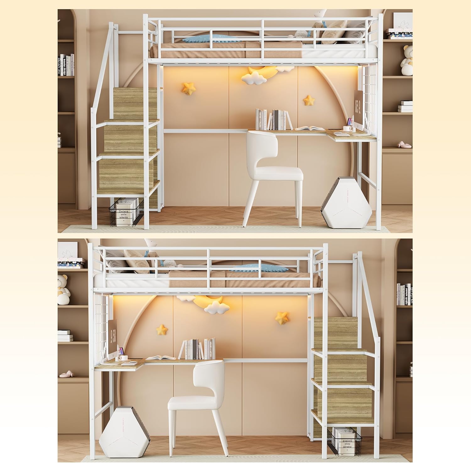 Twin Size Metal Loft Bed with L-Shaped Desk & Storage Wardrobe, Heavy Duty Bed Frame w/Reversible Stairs (Built-in Storage) + USB Port, Space-Saving Noise-Free, No Box Spring Needed