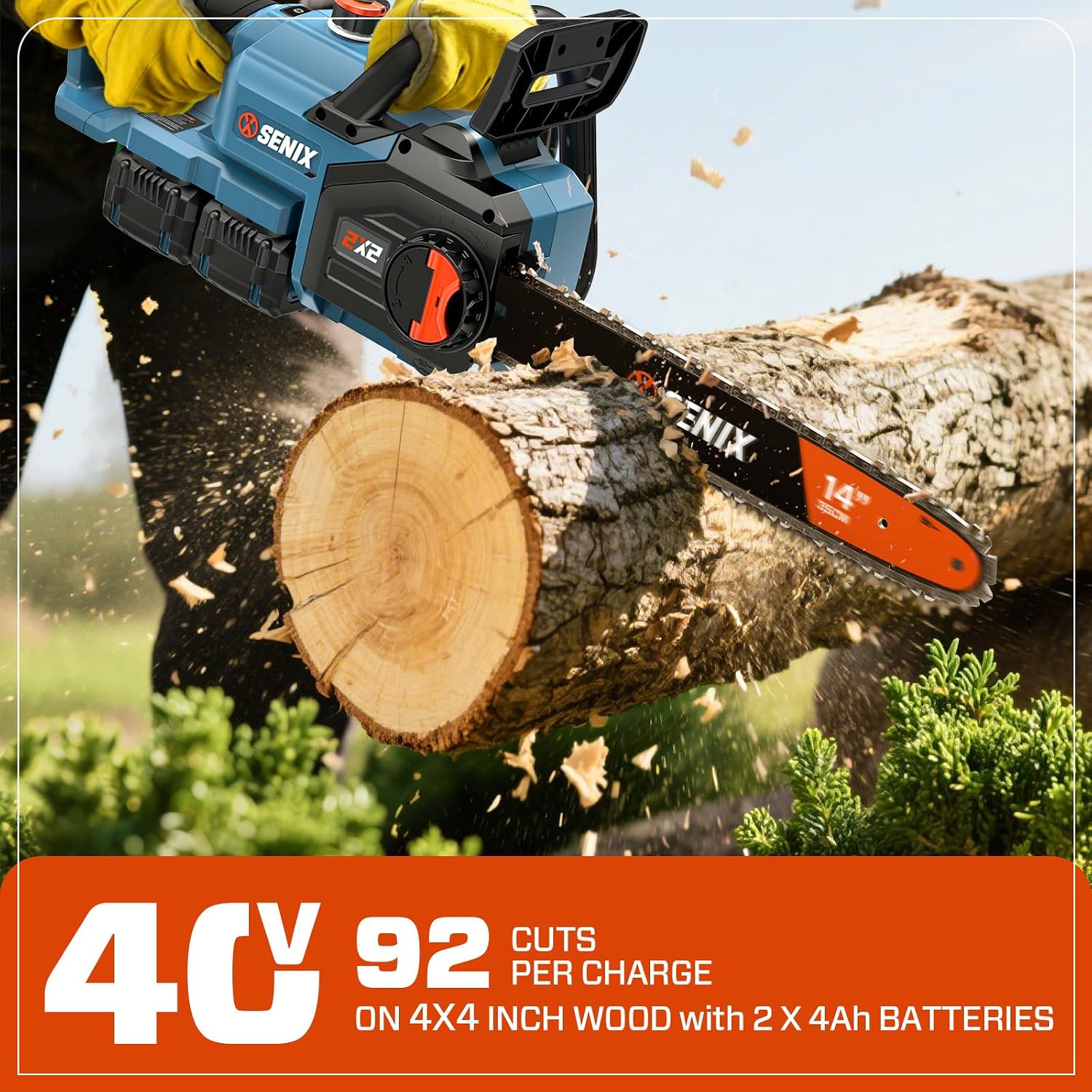 SENIX 40V 14' Electric Chainsaw, Cordless Battery Powered Chainsaw, Brushless Chain Saw, Includes 2x4Ah Batteries & Charger, Garden Tool for Trees, Pruning, Branch Cutting, Yard, Gift, CSX2-M2