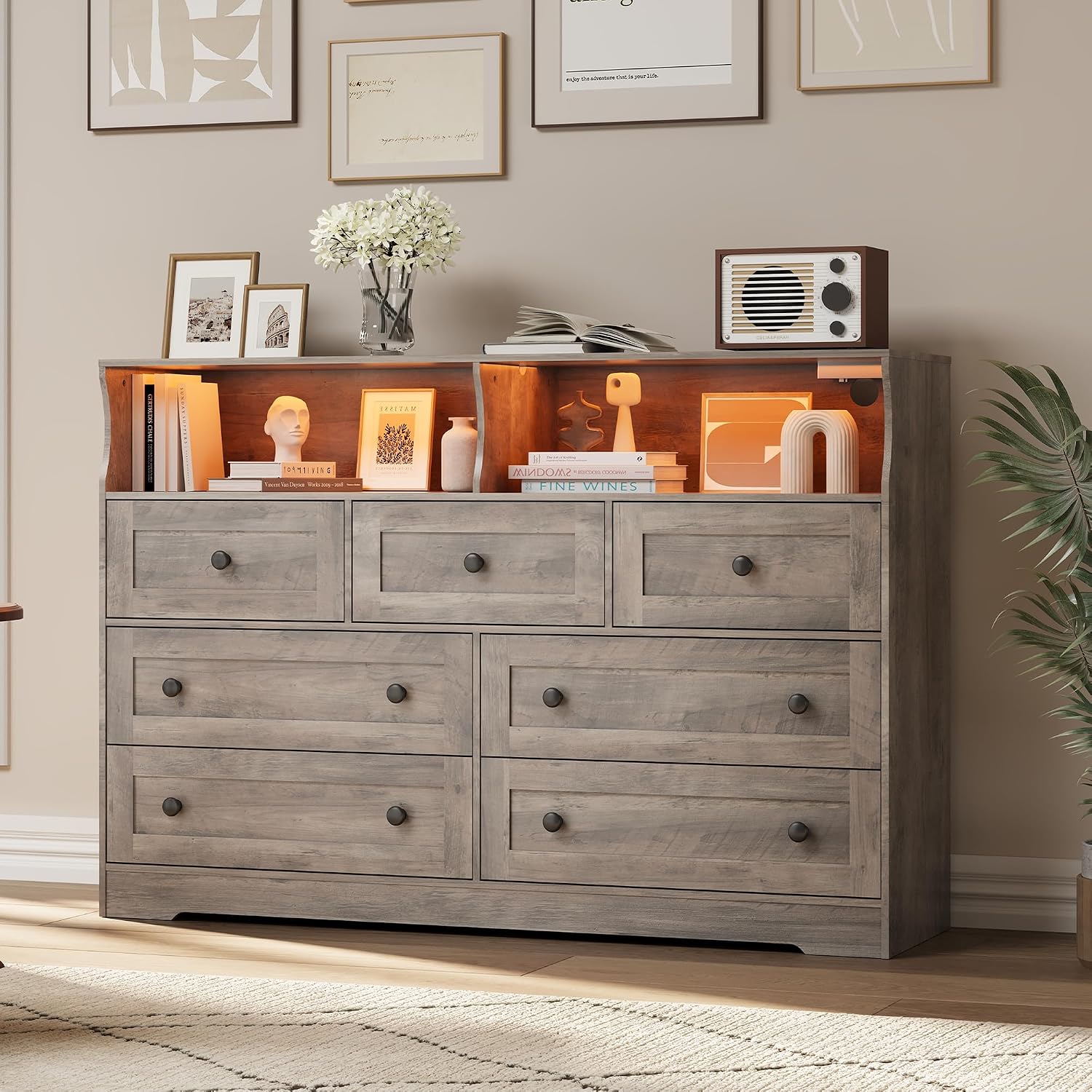 IDEALHOUSE Dresser for Bedroom with 7 Drawers, LED Lights & Charging Station, Wooden Chest with 2 Open Compartments, Freestanding Storage Organizer for Closet, Nursery, Entryway, Light Brown