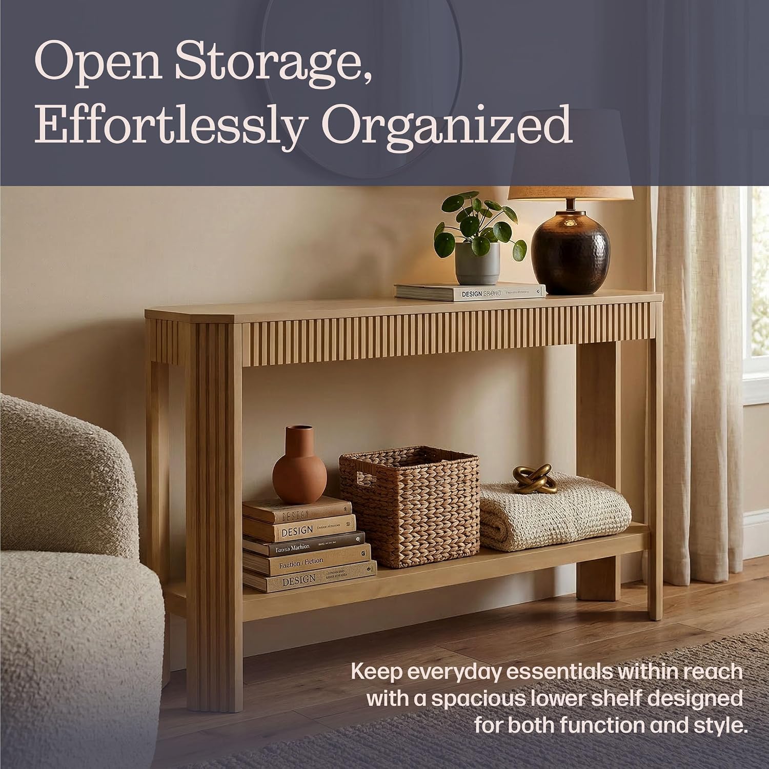 Alaterre Furniture Fluted Solid Wood Console Table - 56 Inch Modern Entryway Table with Storage Shelf - Easy Assembly Living Room Furniture for Behind the Couch, Entryway, or Hallway (Light Oak)