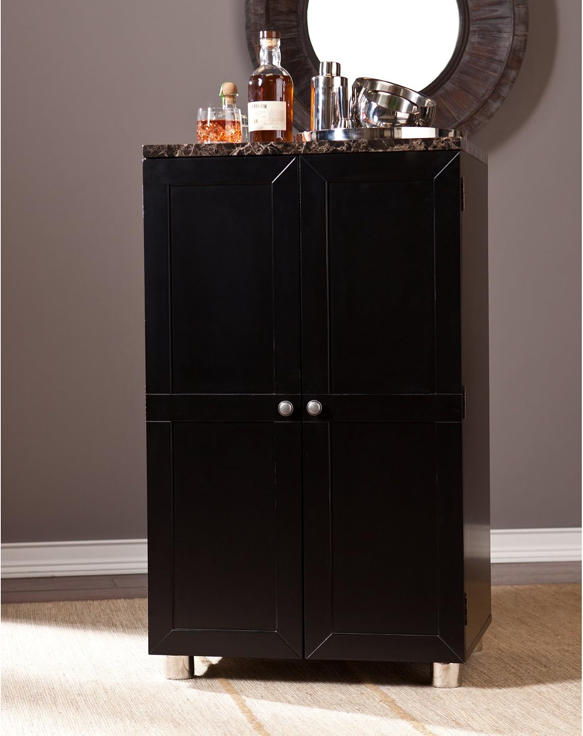 SEI Furniture Cape Town Bar Cabinet w/Wine Storage, Faux Marble Countertop with Black Finish